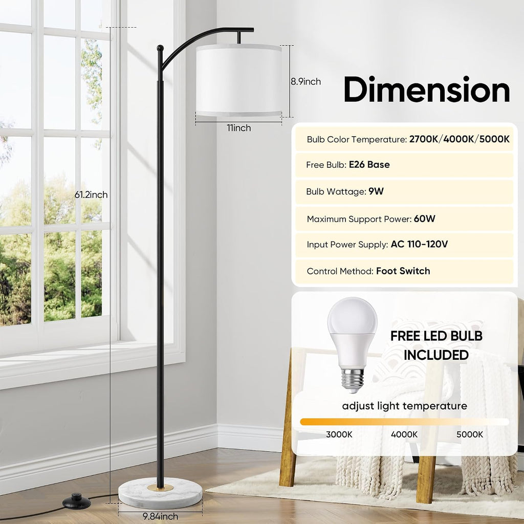 Floor Lamp for Living Room with Marble Base, Modern Standing Lamp with 3 Color Temperatures Bulb & Adjustable Linen Shade, Tall Lamp for…