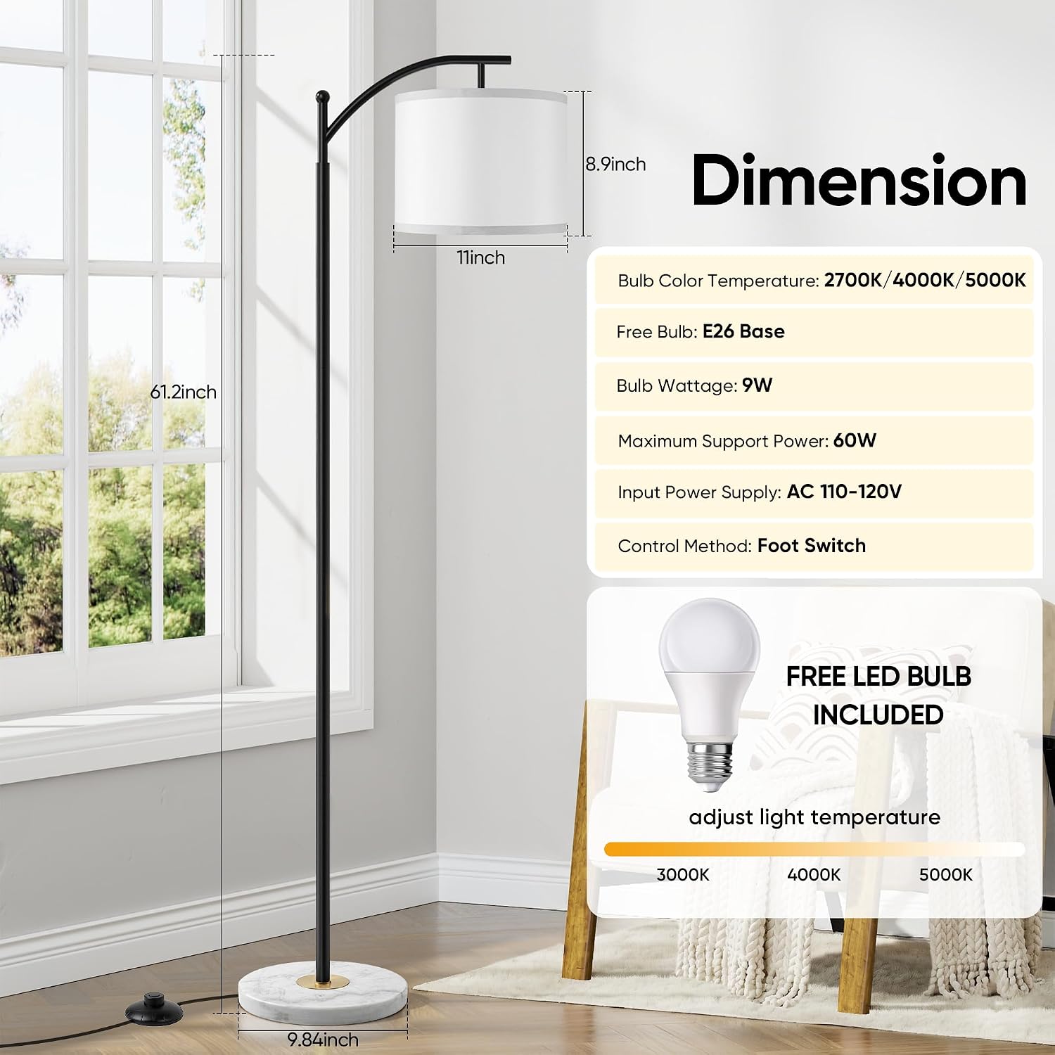 Floor Lamp for Living Room with Marble Base, Modern Standing Lamp with 3 Color Temperatures Bulb & Adjustable Linen Shade, Tall Lamp for…