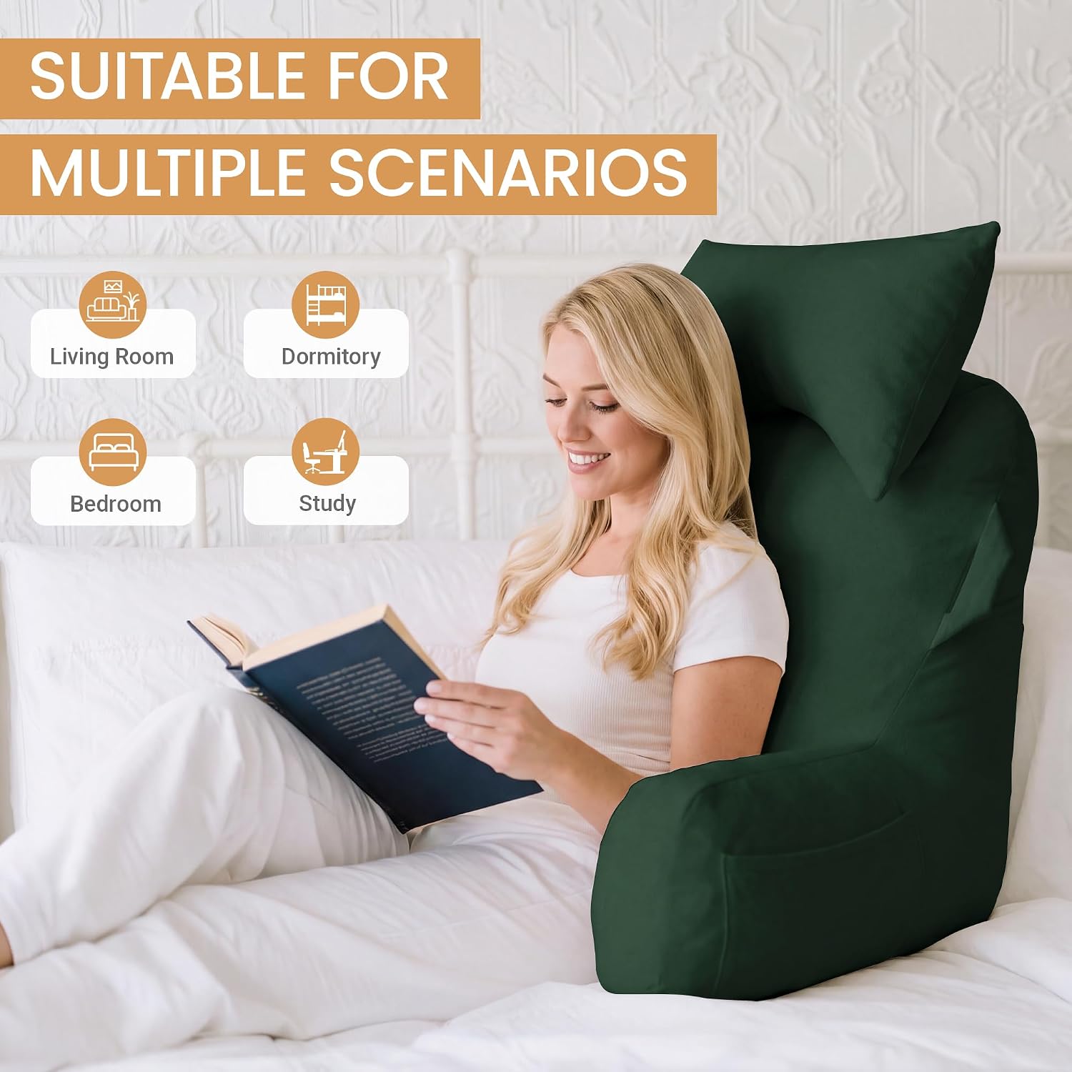 Unisakey Portable Reading Pillows with Headrest for Bed Sitting Up(Dark Green Oeko-Tex), Velvet Back Pillow with Arms & Pockets for…