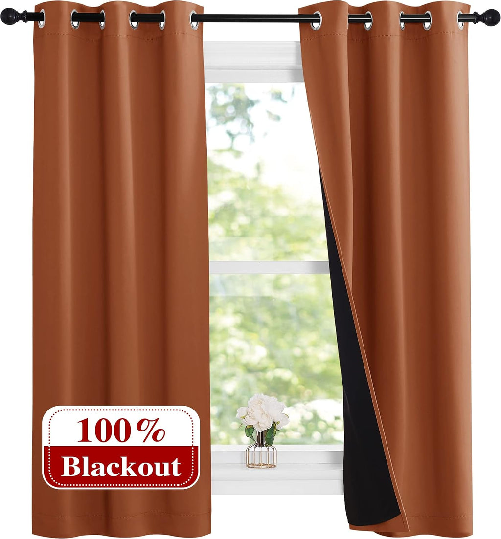 Nicetown Burnt Orange 100% Blackout Lined Curtains, 2 Thick Layers Narrow Wide Window Treatment Panels Thermal Insulated Drapes for Kitchen…