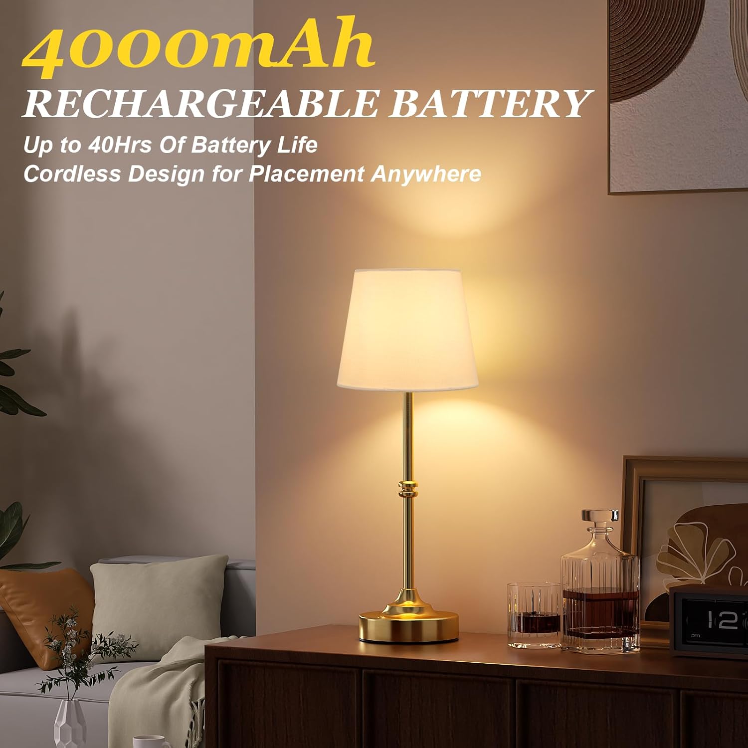 Kakanuo Rechargeable Cordless Table Lamp Gold - 1 Pack Brass 4000mAh Battery Operated Lamp, 3000K Warm Light, Touch Control Stepless…