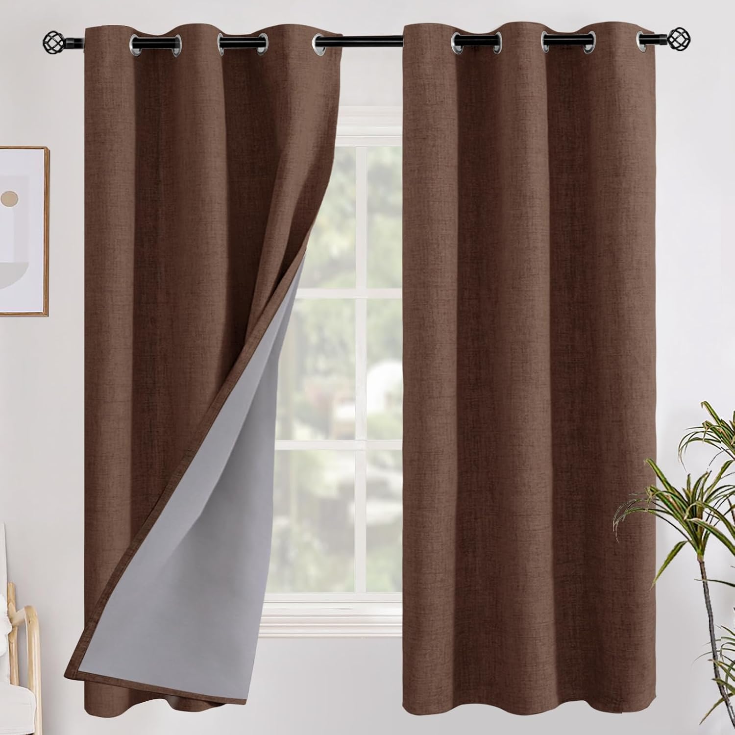 YoungsTex Brown Linen Blackout Curtains 63 Inches Long for Bedroom, Full Room Darkening Drapes with Grommet Thermal Insulated for Living Ro…