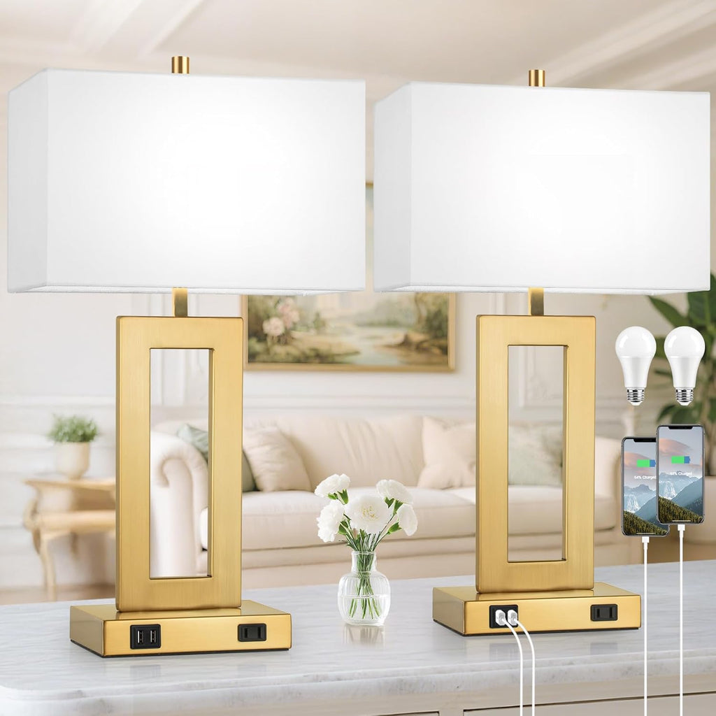 Tobusa Modern Vintage Gold Table Lamp Set of 2, 28inch Tall Lamps for Living Room Bedroom with 2 USB Ports&AC Outlet, 3 Way Dimmable Touch…