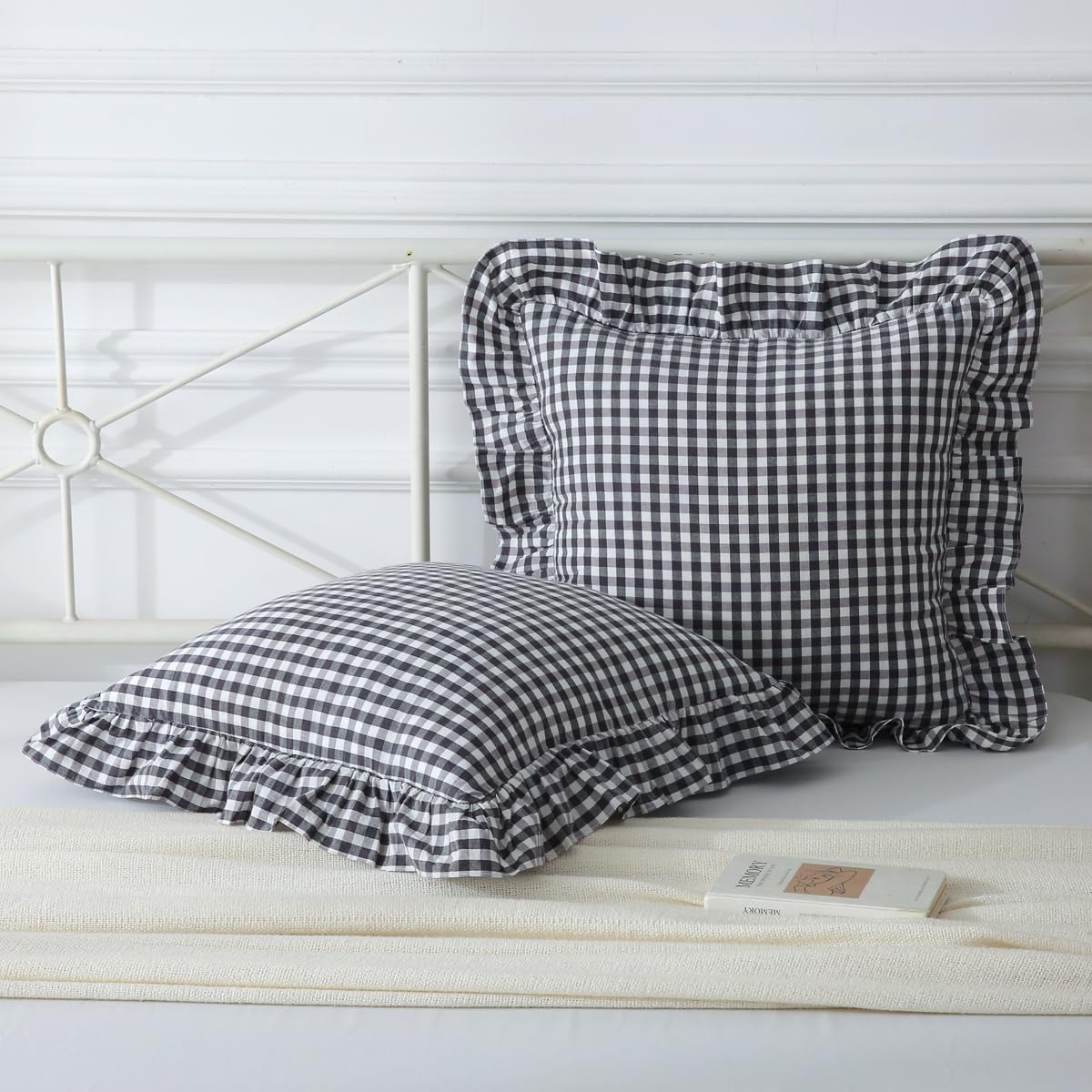 Mywinlle Black/White Plaid Ruffle Throw Pillow Covers Set of 2, Checkered Washed Cotton Gingham Decorative Pillow Shams Farmhouse Pillowcase…