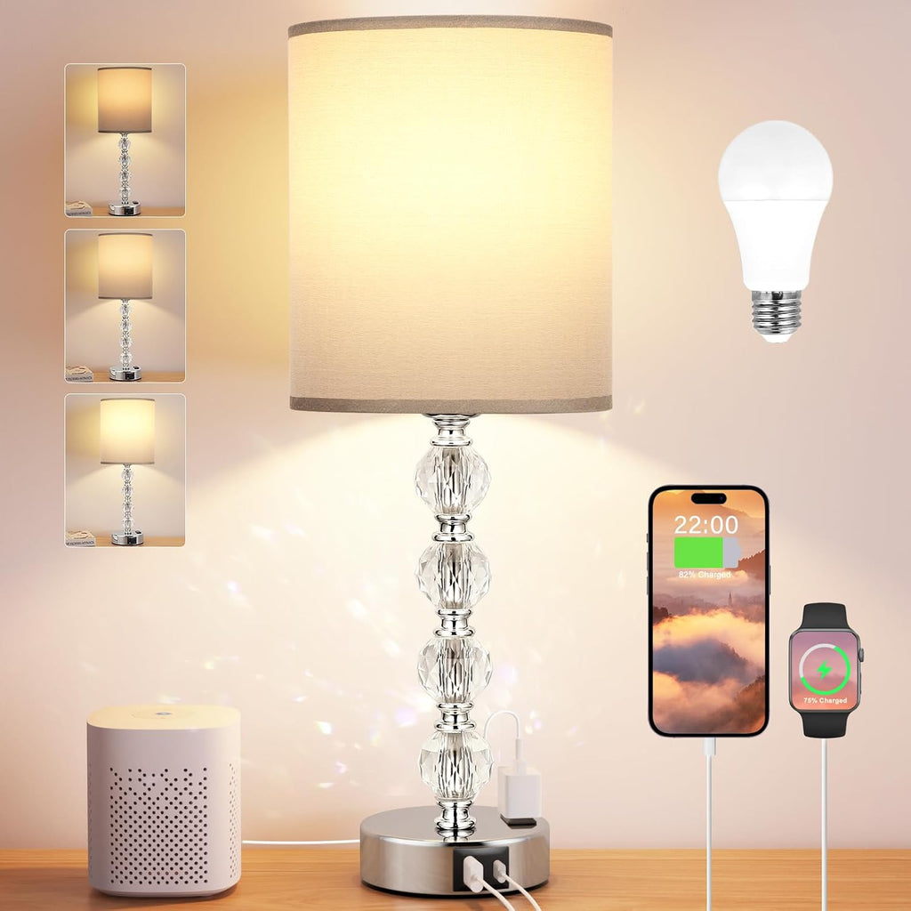 Touch Bedside Crystal Lamps for Bedrooms Nightstand with USB C+A Charging Port and AC Outlet White, 3 Way Dimmable Silver Large End Side…