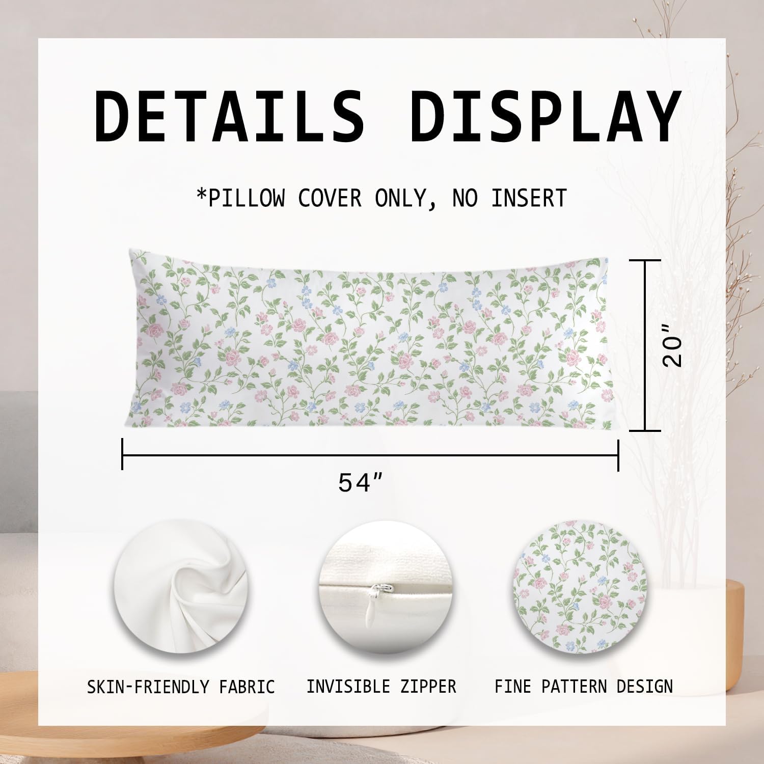 Pink and Green Blue Grandmillennial Floral 20x54 Body Pillow Cover, Cottagecore Home Decor, Pastel Pink Grand Millenial Flower Decorative…