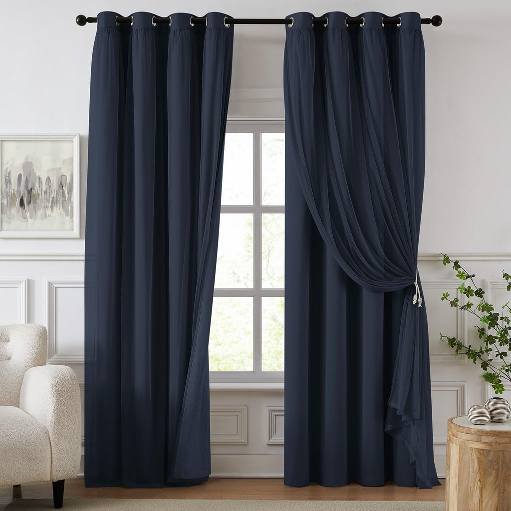 Swandream Blackout Curtains for Bedroom, Double Layer Navy Blue Curtains, Black Out Curtain 72 inch Long with Sheer Overlay for Living Room…