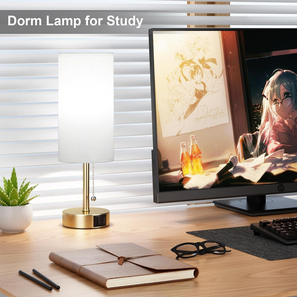 Gold Bedside Lamp for Bedroom Nightstand - Small Table Lamp with USB A + C Charging Port, 3 Color Temperatures Pull Chain Night Stand…