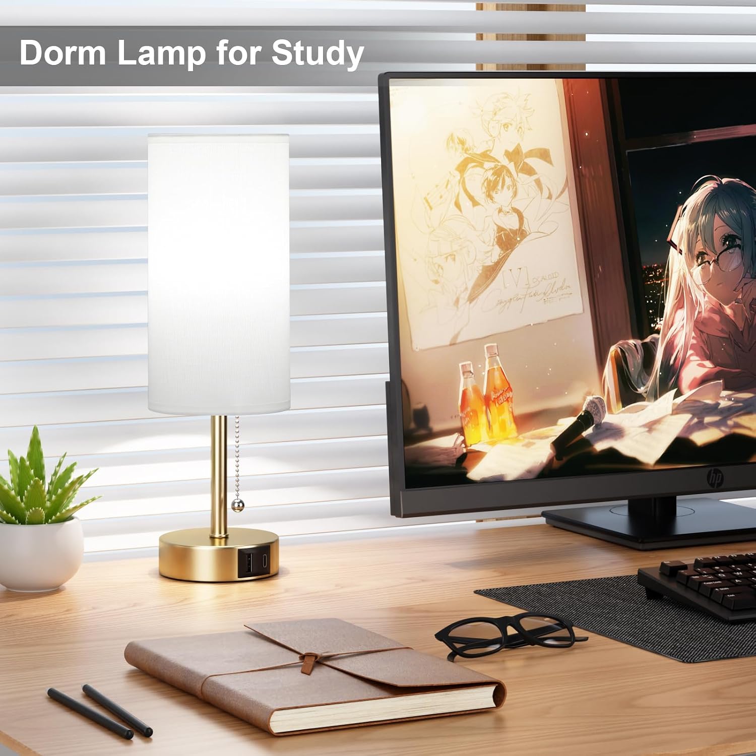 Gold Bedside Lamp for Bedroom Nightstand - Small Table Lamp with USB A + C Charging Port, 3 Color Temperatures Pull Chain Night Stand…