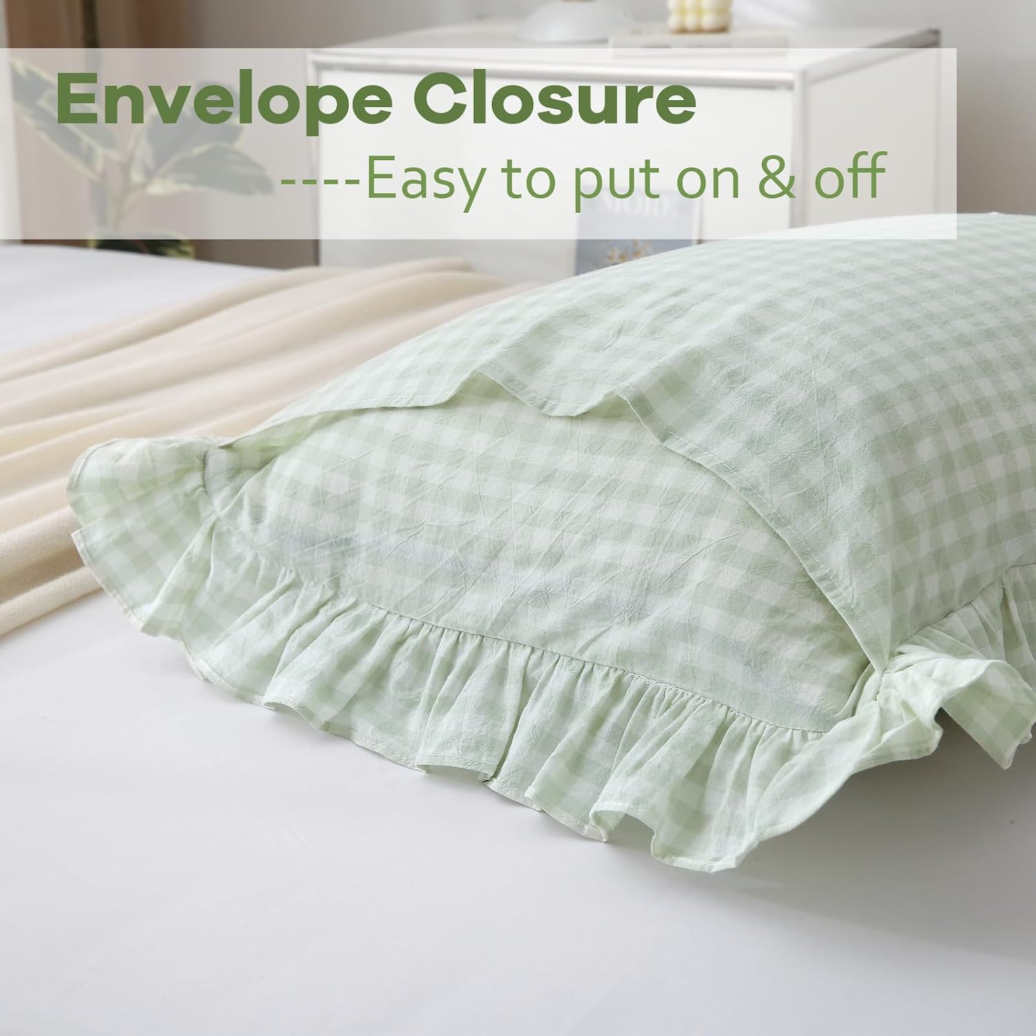 Kmasaniji 2 Pack Pile Green White Plaid Ruffle Gingham Euro Shams Pillow Covers, 100% Washed Cotton Checkered Farmhouse Pillowcases for Bed…