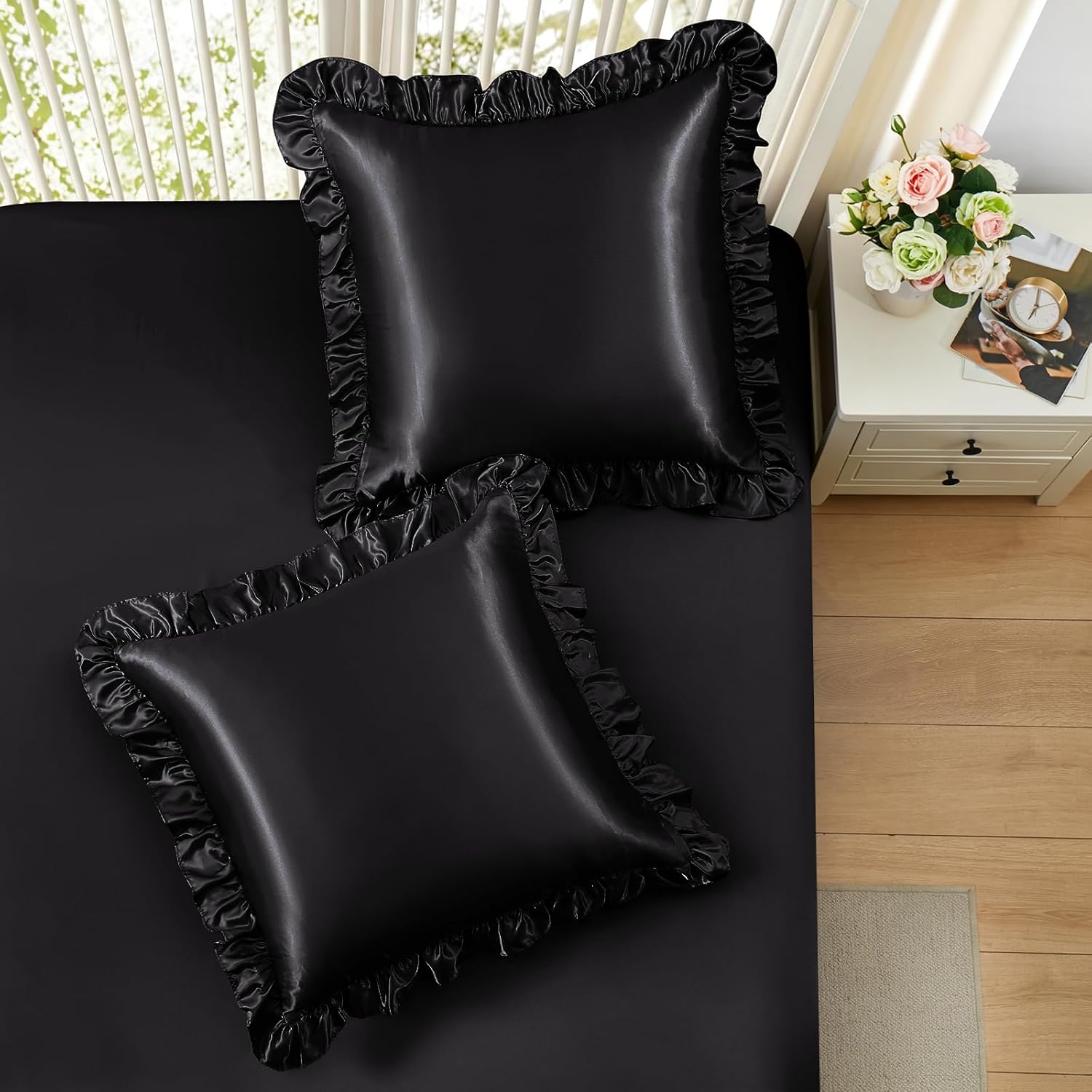 Homiest Ruffle Euro Sham Covers 26x26 Inch Set of 2, Black Satin Pillow Shams with 3 Inch Wide Decorative Ruffled, European Square Satin…
