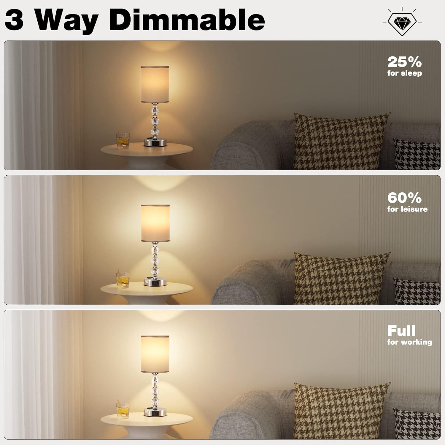 Grey Touch Bedside Lamps for Bedrooms - Crystal Table Lamp with USB C+A Charging Port and AC Outlet Nightstand, 3 Way Dimmable Silver…