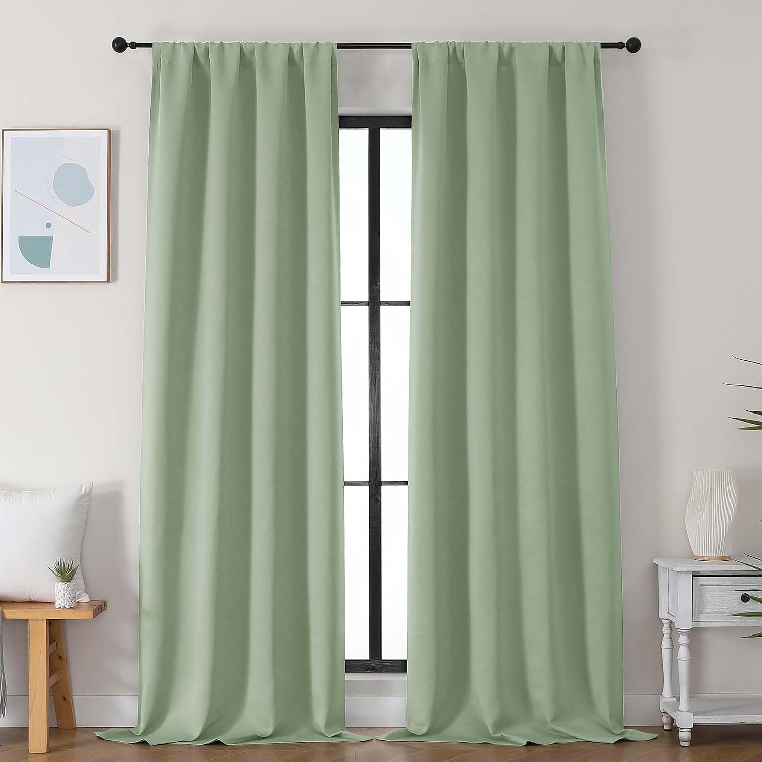 Simplebrand Ava Light Green Blackout Curtains for Bedroom 96 Inches Long 2 Panels, Solid Thermal Insulated, Energy Saving Nursery Window Tr…