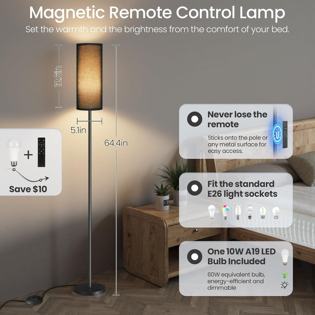 Dimmable Black Floor Lamp for Living Room with Remote and Foot Switch, Corner Floor Lamp for Bedroom, Modern Standing Tall Lamp, 10W…