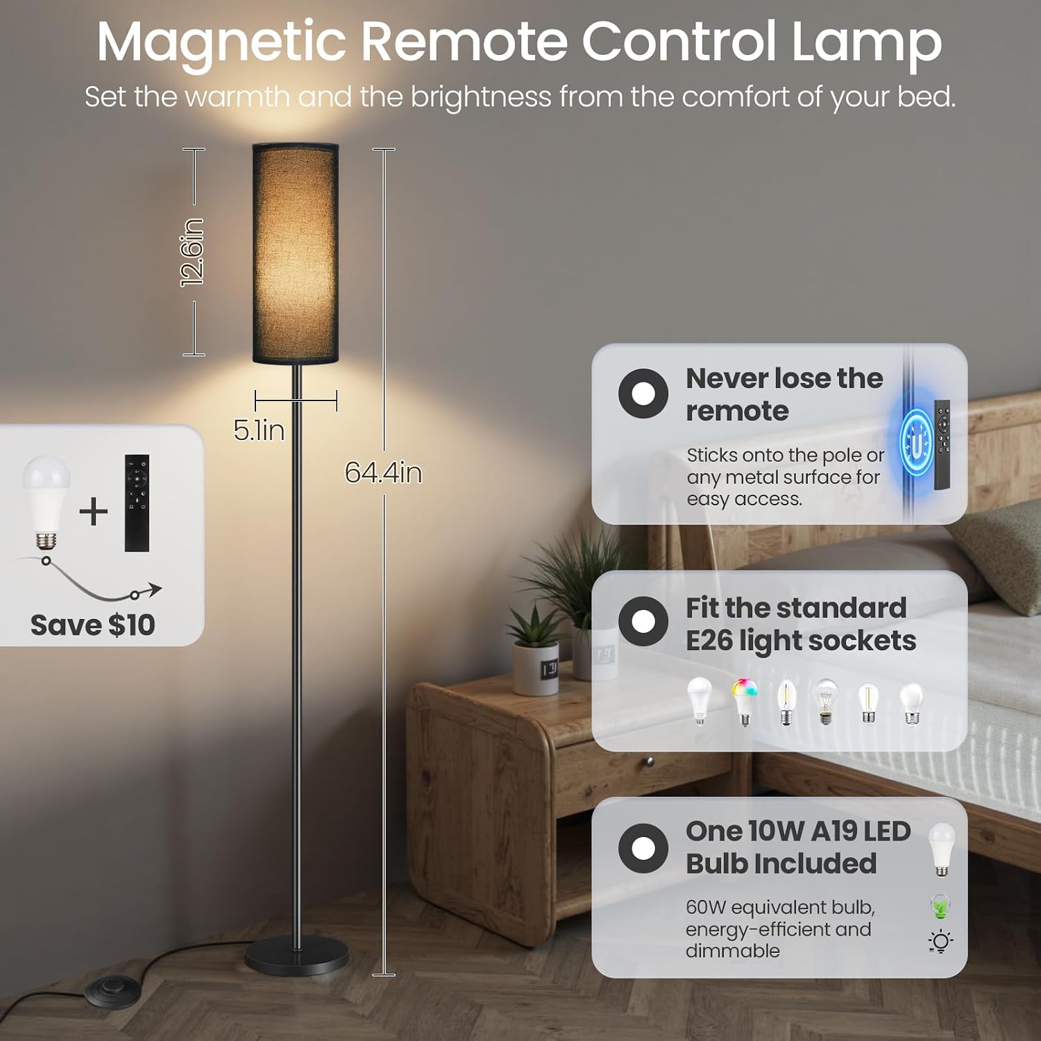 Dimmable Black Floor Lamp for Living Room with Remote and Foot Switch, Corner Floor Lamp for Bedroom, Modern Standing Tall Lamp, 10W…