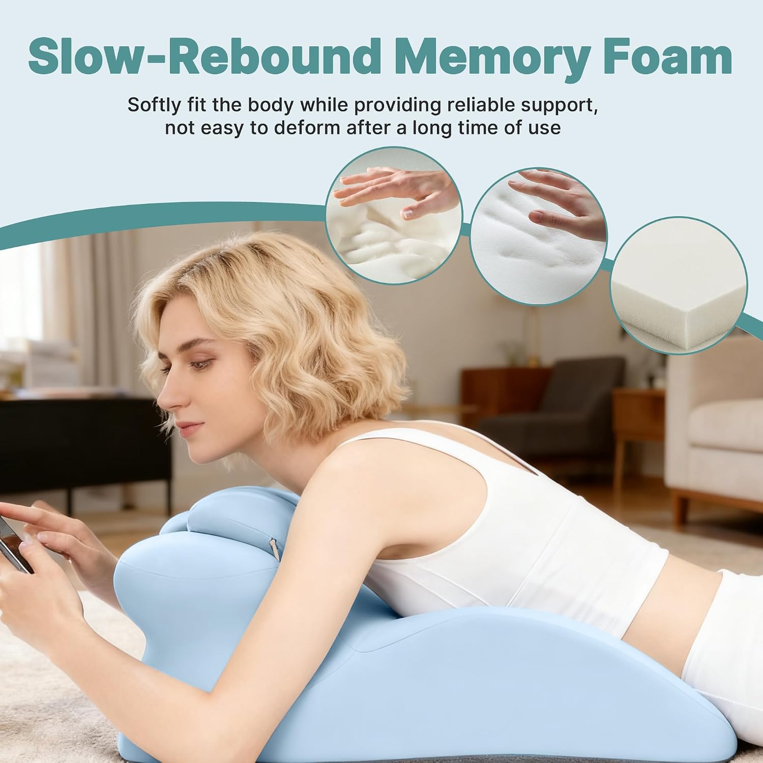 Ergonomic Memory Foam Wedge Pillow, Back and Neck Support Cushion for Reading in Bed, Sitting Up, Bed Rest and Watching TV (Blue)