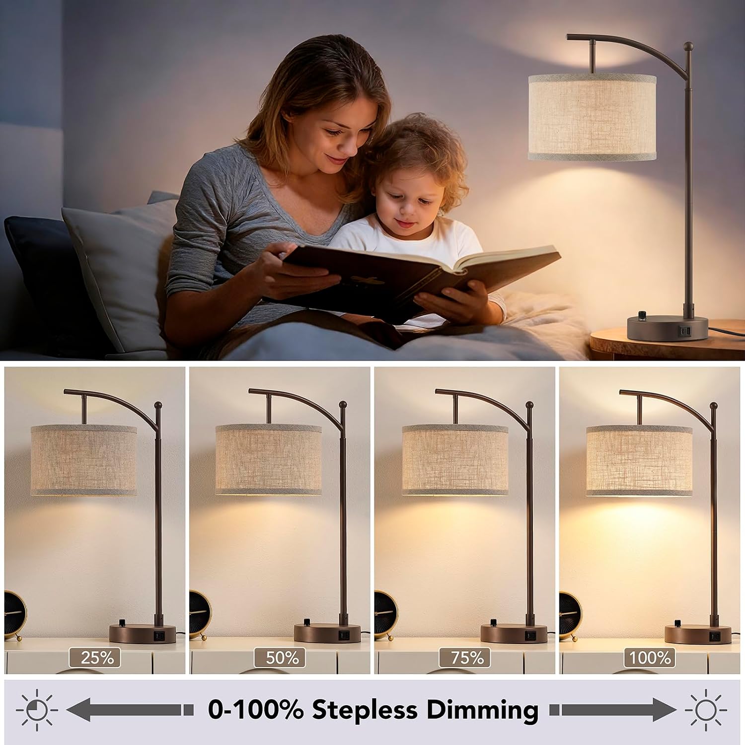 Table Lamp for Living Room Bedroom, 23.5" Table Lamps Set of 2 with USB C+A Ports, Bedside Lamps for Nightstand with Linen Lamp Shades, 2…