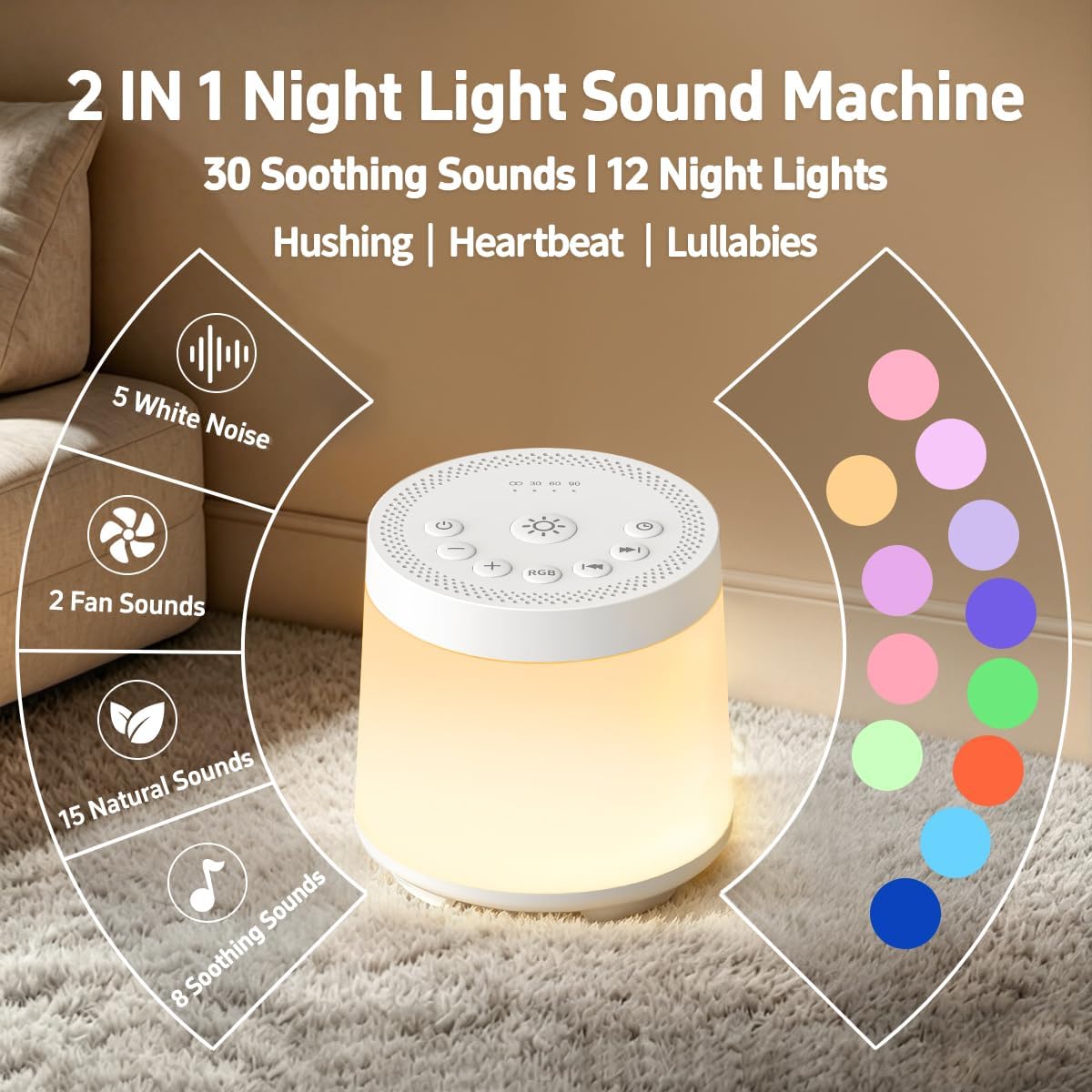 Baby Sleep Night Light Sound Machine Battery Nursery Night Lamp 12 Colors 30 Soothing Sounds for Newborn Toddler Kids Adults White Noise…