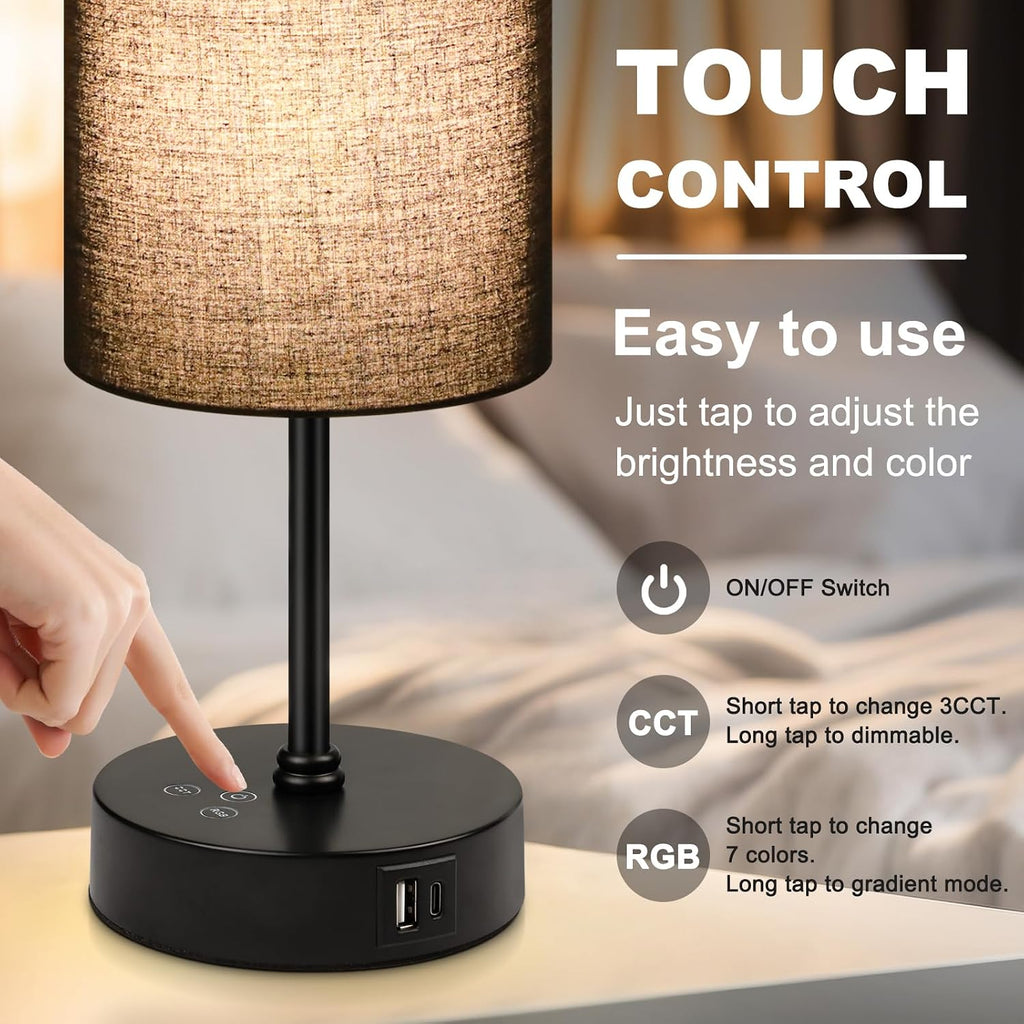Unicozin Table Lamp for Bedroom, 3 Color Temperatures, 7 RGB Colors, Adjustable Brightness, Dual USB Charging Ports, Ambience Nightstand…