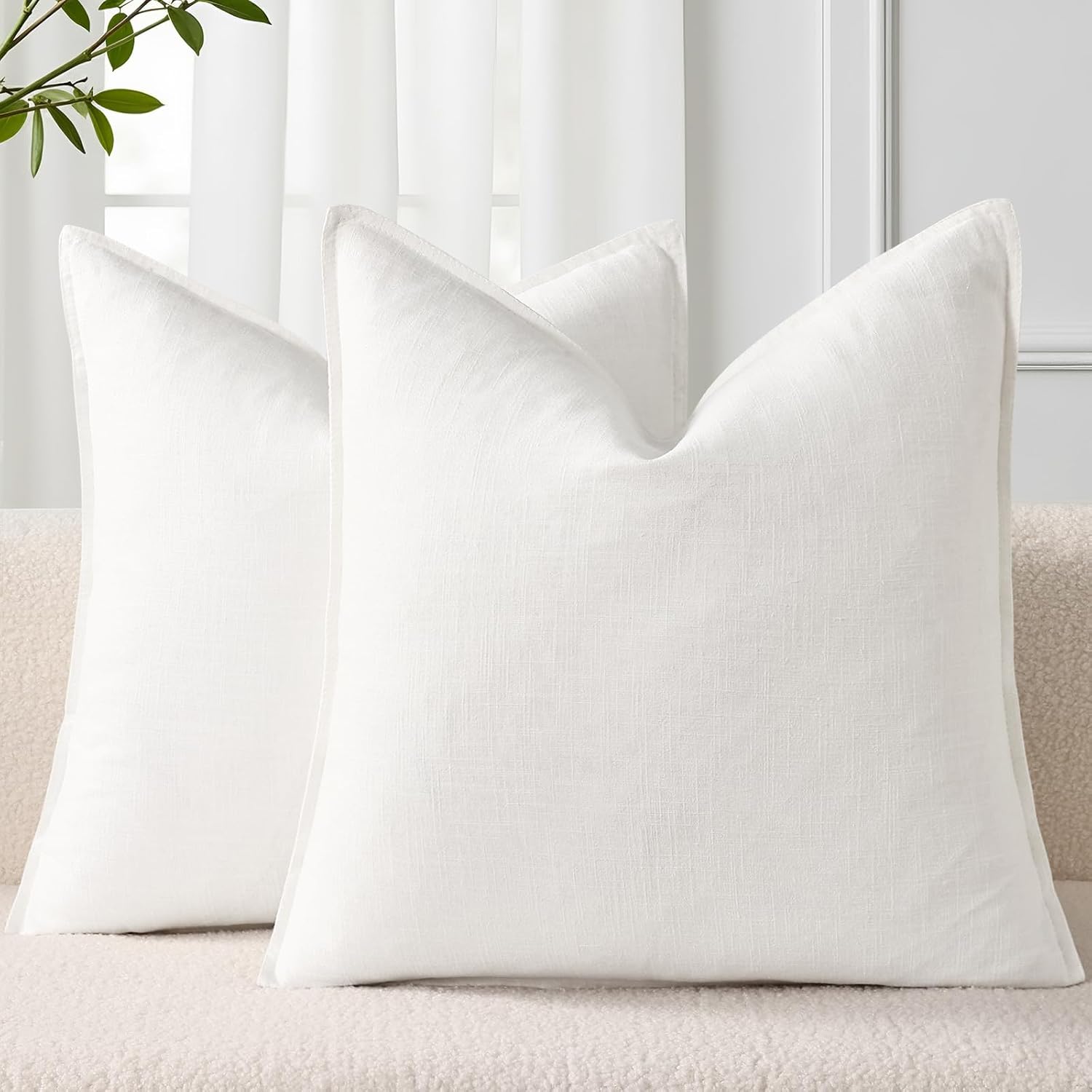 decorUhome Summer Decorative Linen Throw Pillow Covers 20x20 Inch Set of 2 Cream White Pillow Covers with Flange Edges Soft Farmhouse Boho…