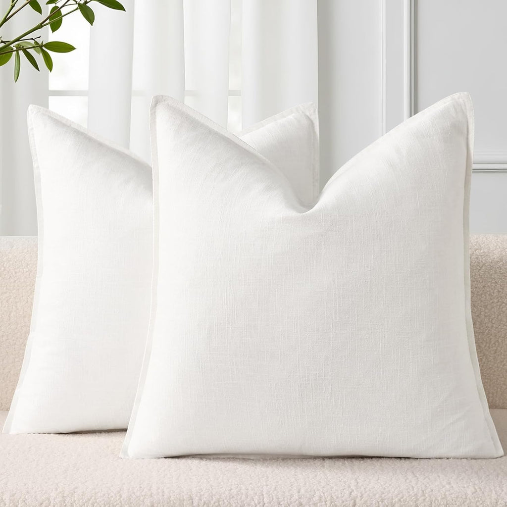 decorUhome Summer Decorative Linen Throw Pillow Covers 18x18 Inch Set of 2 Cream White Pillow Covers with Flange Edges Soft Farmhouse Boho…
