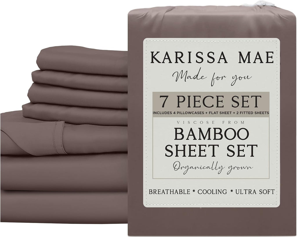 KARISSA MAE 7 Piece Pure Viscose from Bamboo Split King Size Sheet Set | 100% FSC Certified | Luxuriously Soft | Cooling | 18" Deep…