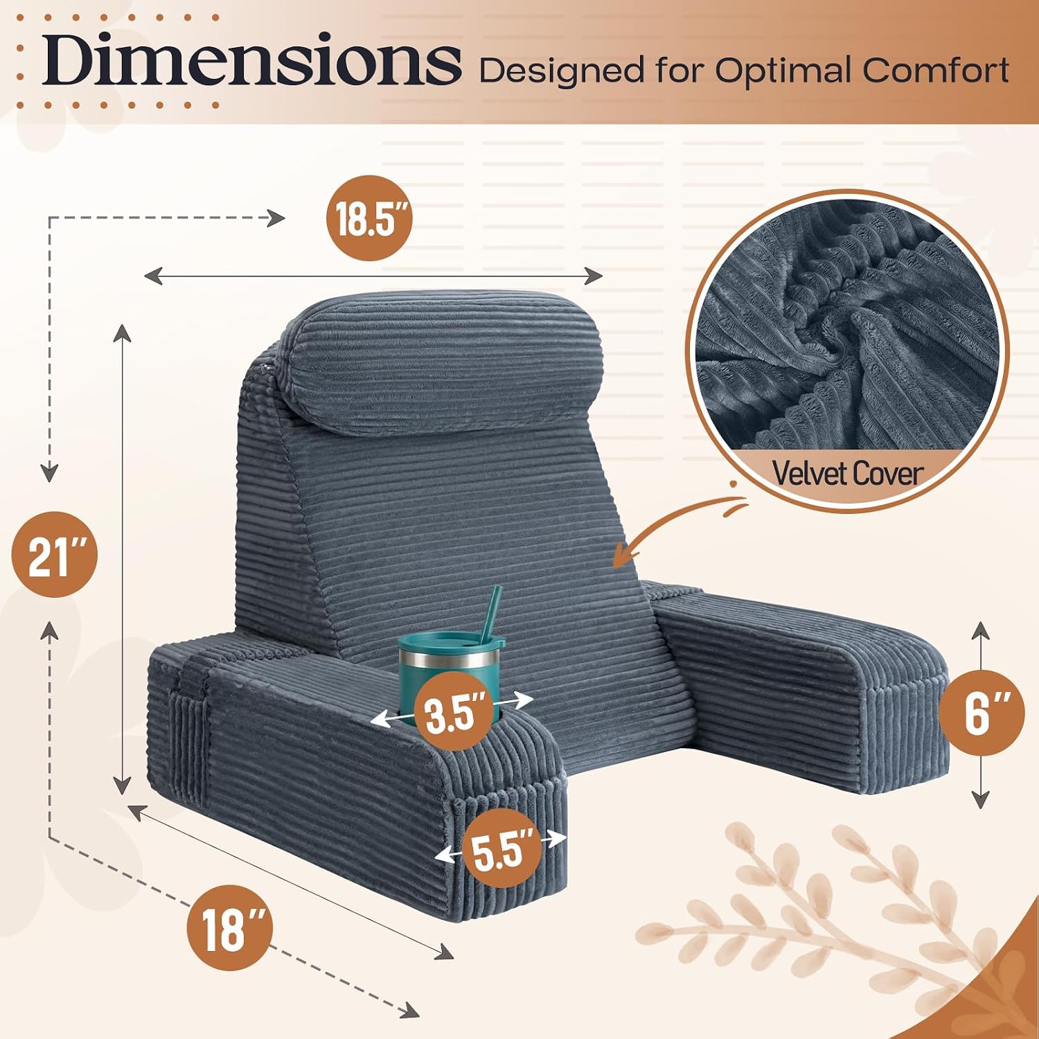 Reading Pillow/Backrest Pillow with Arms, Cup Holder & Phone Pocket - Bed Rest Pillow with Adjustable Headrest, Corduroy Fabric for Back…