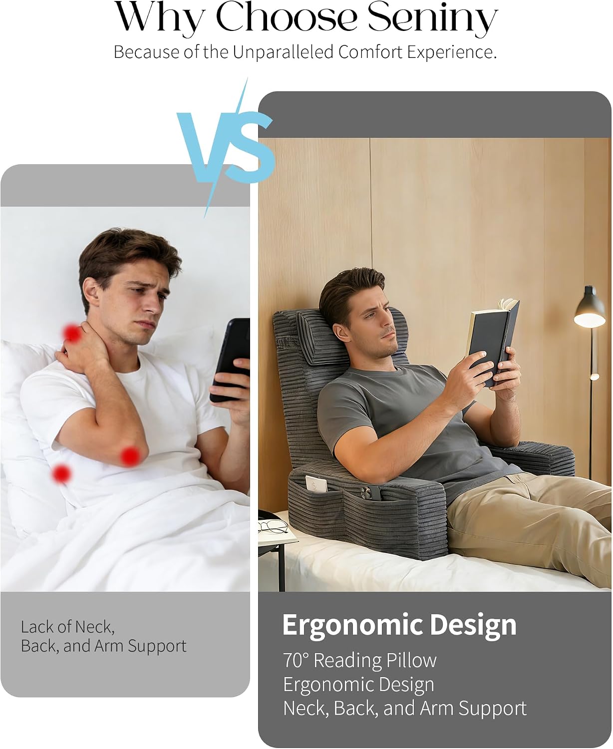 Seniny Reading Pillow for Bed Adult - 24" Back Support Pillow for Sitting Up Rest, Husband Bed Chair and Backrest Pillow with Arms, Lounge…