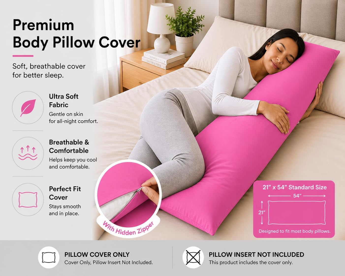 Evolive Ultra Soft Microfiber Body Pillow Cover/Pillowcases 21"x54" with Hidden Zipper Closure (21"x54" Body Pillow Cover, Fuchisa Red)