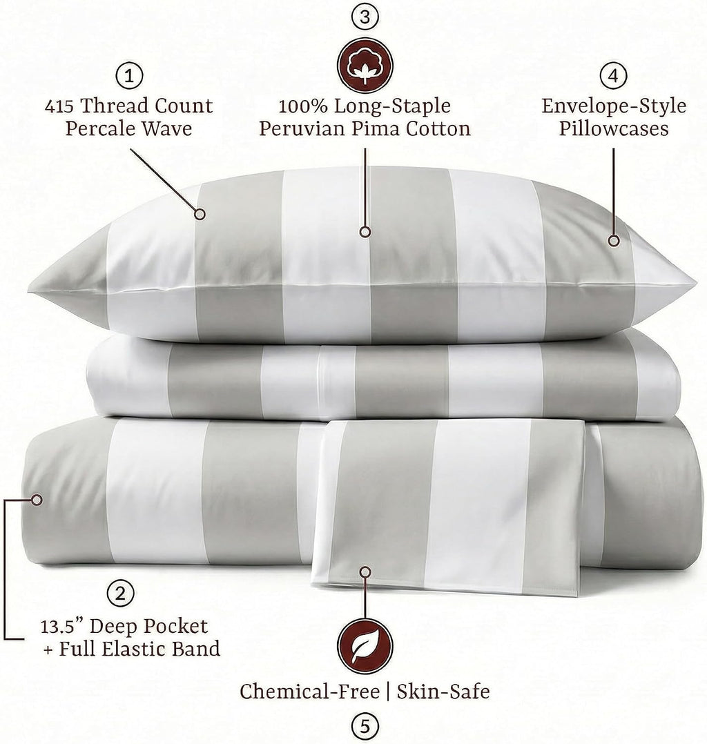 Perupima Peru Pima 415 Thread Count Percal King Sheet Set - 100% Peruvian Pima Cotton, 4 Piece (Flat, Fitted, 2 Pillowcases) - Cooling, Cri…