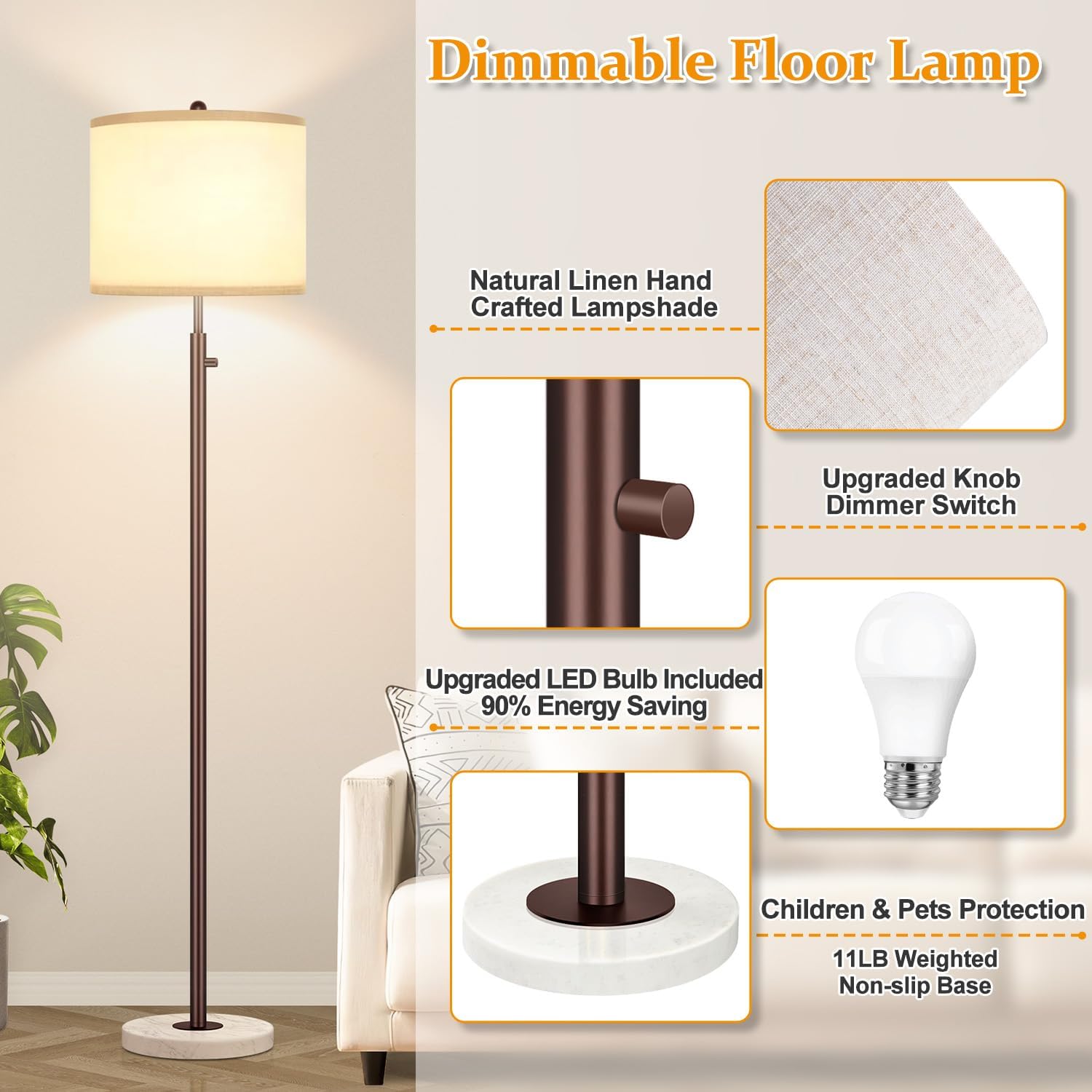 Nintiue 【Upgraded】 Dimmable Floor Lamp for Living Room, 11W LED Bulb Included, Modern Standing Lamp with Marble Base, Tall Pole Light…