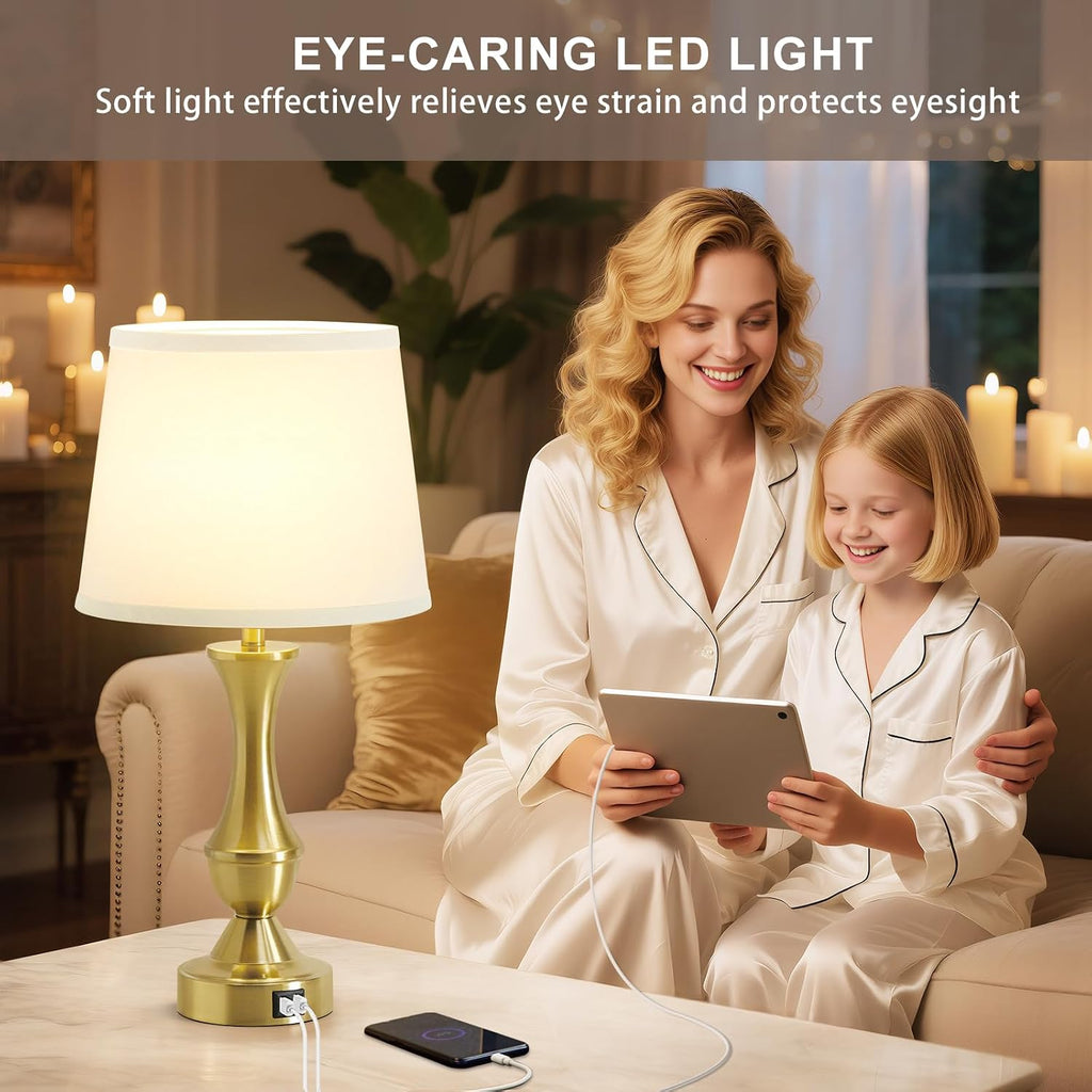 Luvkczc 22" Gold Table Lamps Set of 2 - Modern Luxury Bedside Lamps with White Fabric Shade, Dimmable & Dual USB C+A Ports, Nightstand…