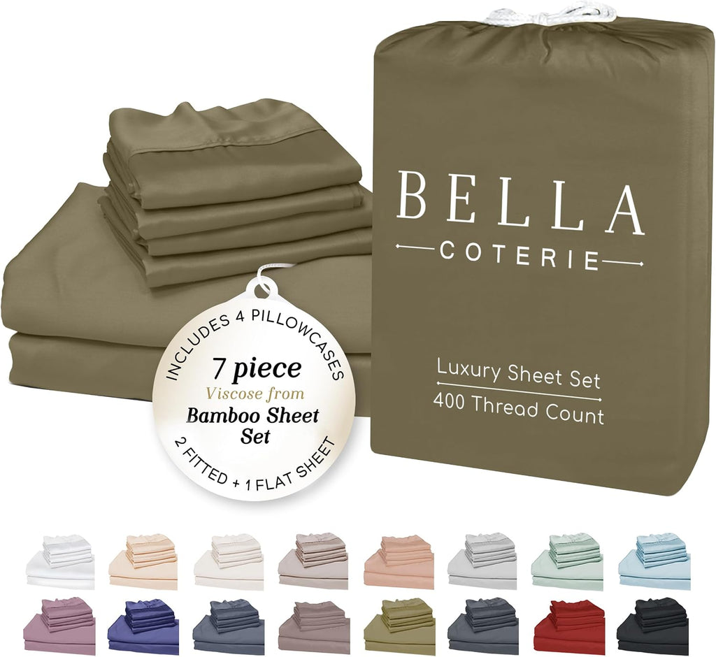 Bella Coterie 7 Piece Luxury Bamboo Viscose Split King Size Sheet Set | 2 Fitted Sheets for Adjustable Beds | 100% Organically Grown |…