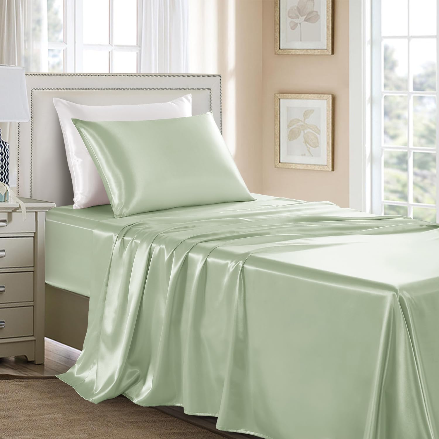 Golal Satin Sheets Twin Size - 3 Pieces Luxury Silky Soft Bed Sheets, Wrinkle-Free Sage Green Satin Silk Sheet Set with 1 Deep Pocket Fitte…