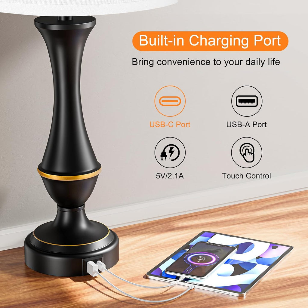 Seealle Upgraded Touch Lamps for Bedrooms Set of 2 - Nightstand Table Lamp with USB C+A, 3 Way Dimmable Lamps for Living Room, Office(White)