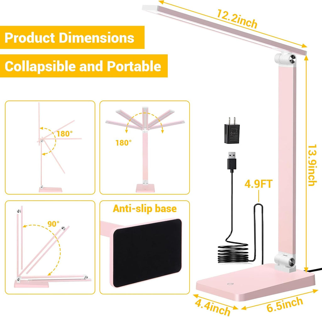 LED Desk Lamp for Home Office, 3 Levels Dimmable Desk Light with USB Charging Port, Reading Lamp for Table Study Work Office Nail Craft…