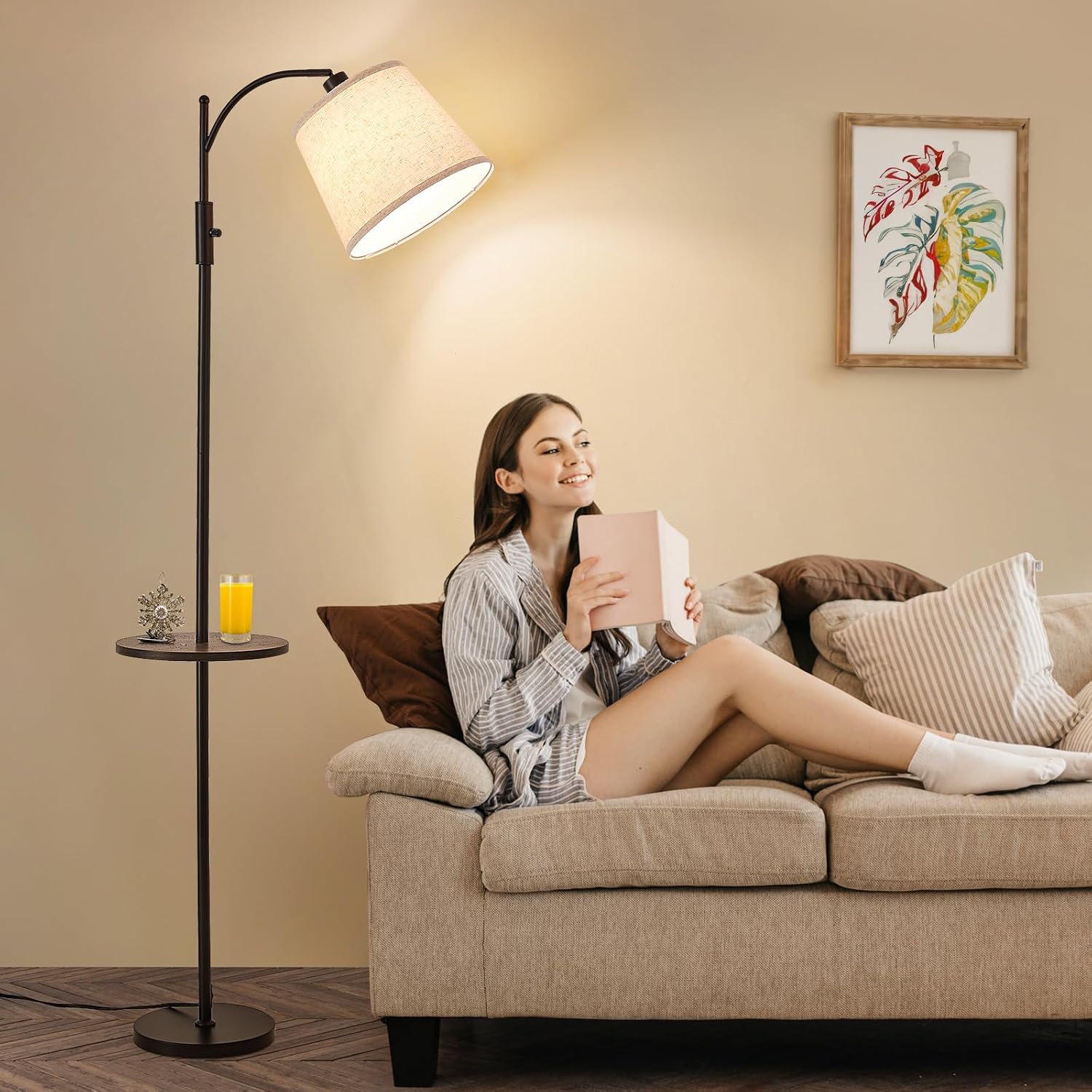 AIDENOEY Fully Dimmable Floor Lamp for Living Room, Standing Lamp Rotary Switch with Table&Linen Beige Shade, Black Tall Lamps for Bedroom…