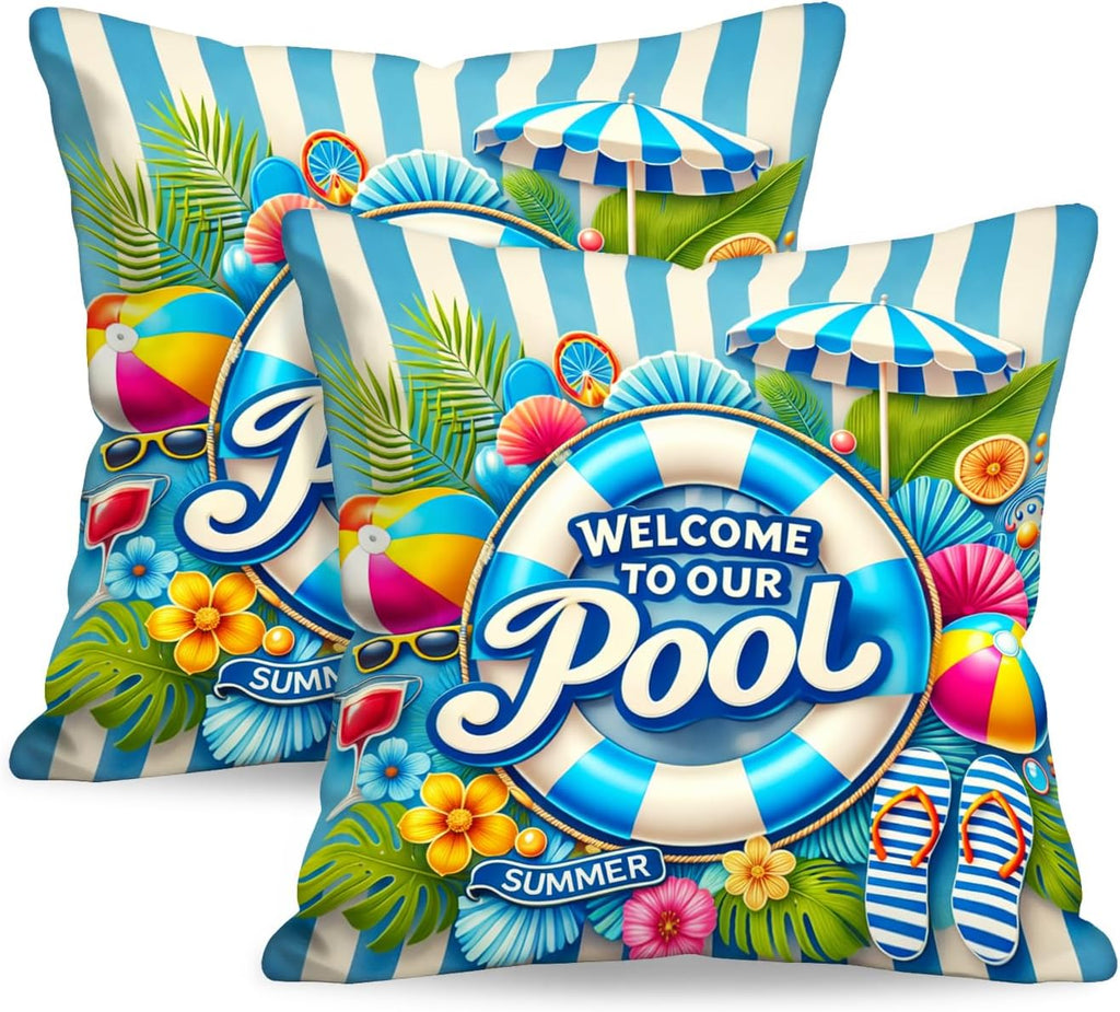 BlissYard Throw Pillow Covers 18x18 Welcome to Our Summer Pool Decorative Pillow Covers Beach Theme Cushion Covers Coastal Swimming Pool…