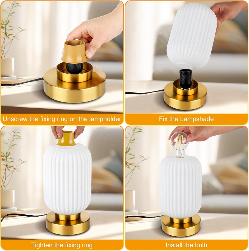 Mid Century Modern Table Lamp with Milk White Ribbed Glass Shade, Touch Control & 3 Way Dimmable, Small Gold, Vintage Bedside Lamp for…