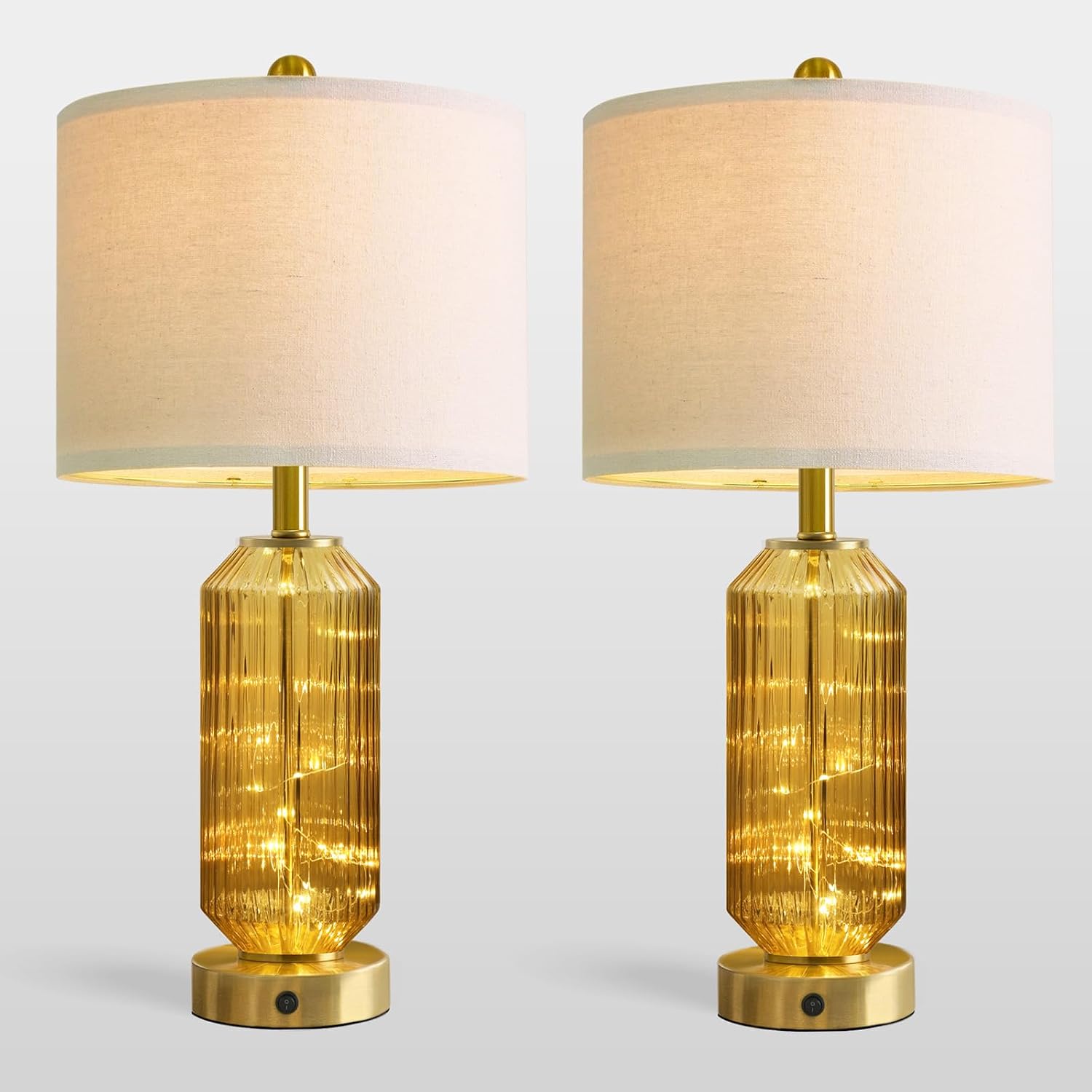 Oneach 24.5" Bedside Table Lamps Set of 2, Amber Glass Nightstand Lamps with USB A+C Charging Ports and Night Light, Gold Modern Lamps…