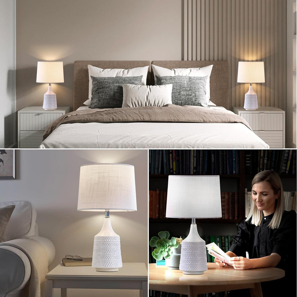 White Ceramic Table Lamps Set of 2, Decor Farmhouse Lamps for Living Room End Tables, 18.5" Bedside Lamps for Night Stands, Modern Boho…