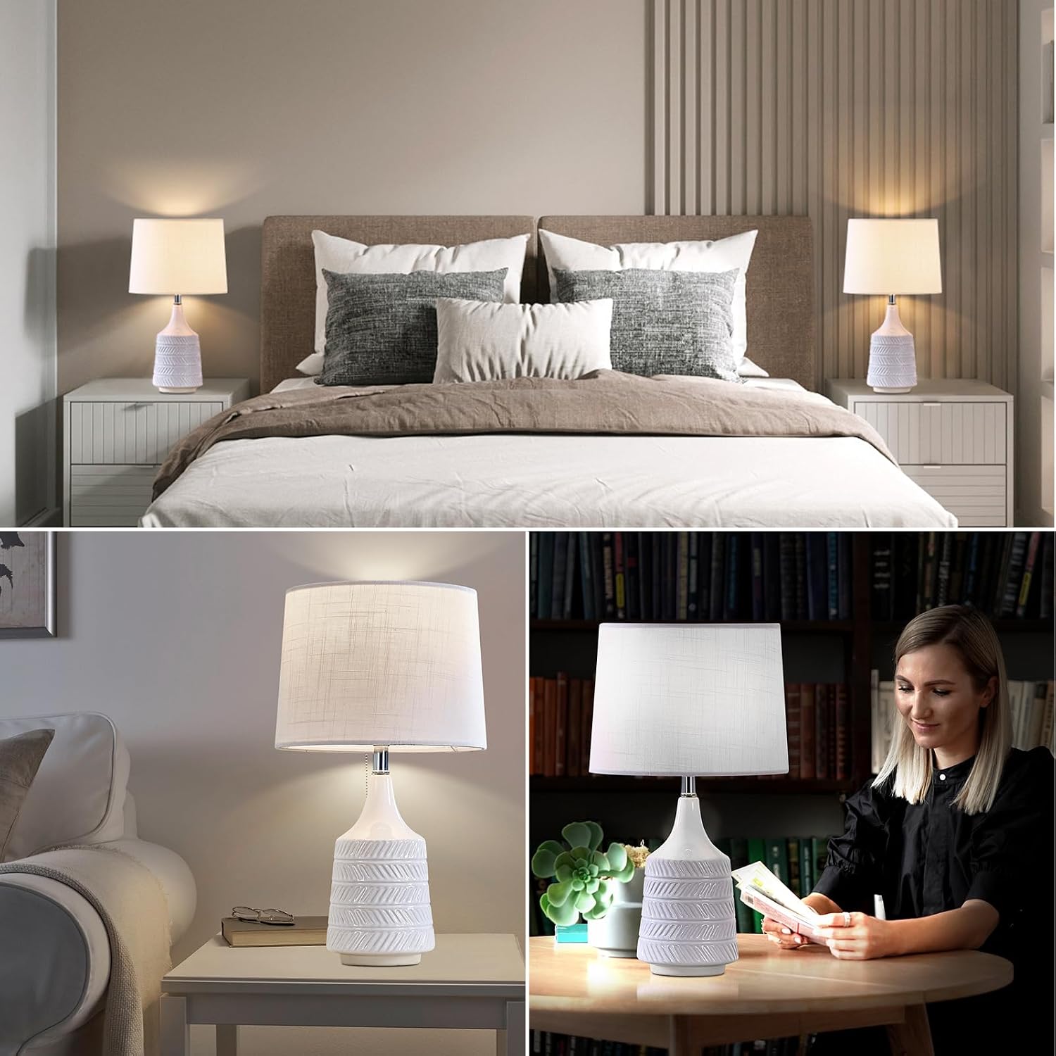 White Ceramic Table Lamps Set of 2, Decor Farmhouse Lamps for Living Room End Tables, 18.5" Bedside Lamps for Night Stands, Modern Boho…