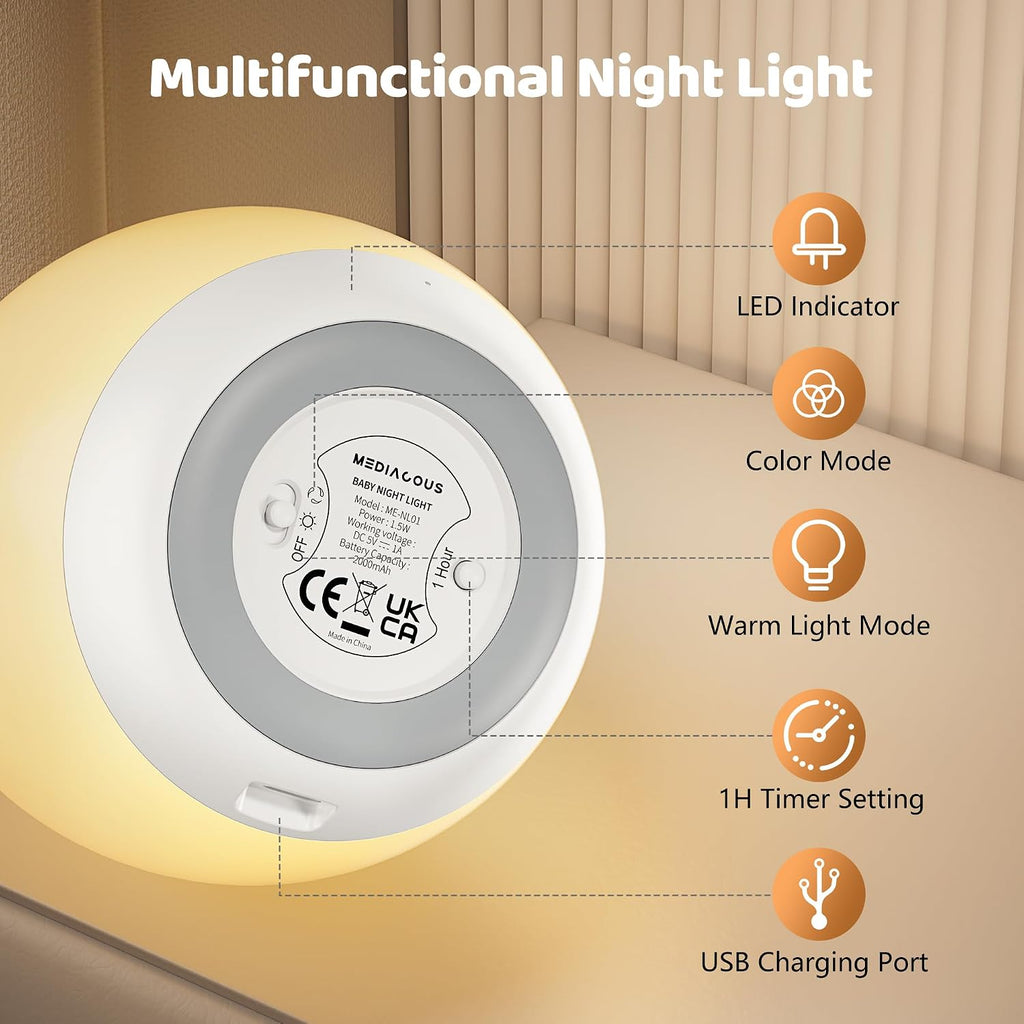 MediAcous Night Light for Kids, Baby Egg Light for Nursery, 7 Colors Changing & Stepless Dimming, Soft Silicone Touch Night Lamp with 1…