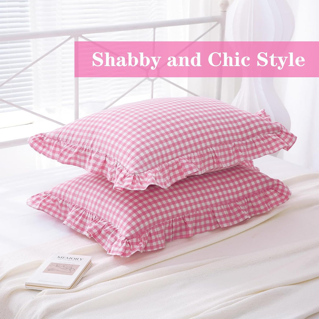 2 Pack Pink White Plaid Ruffle Gingham Standard Pillow Covers, 100% Washed Cotton Checkered Girly Bed Pillow Shams - 20"x26"