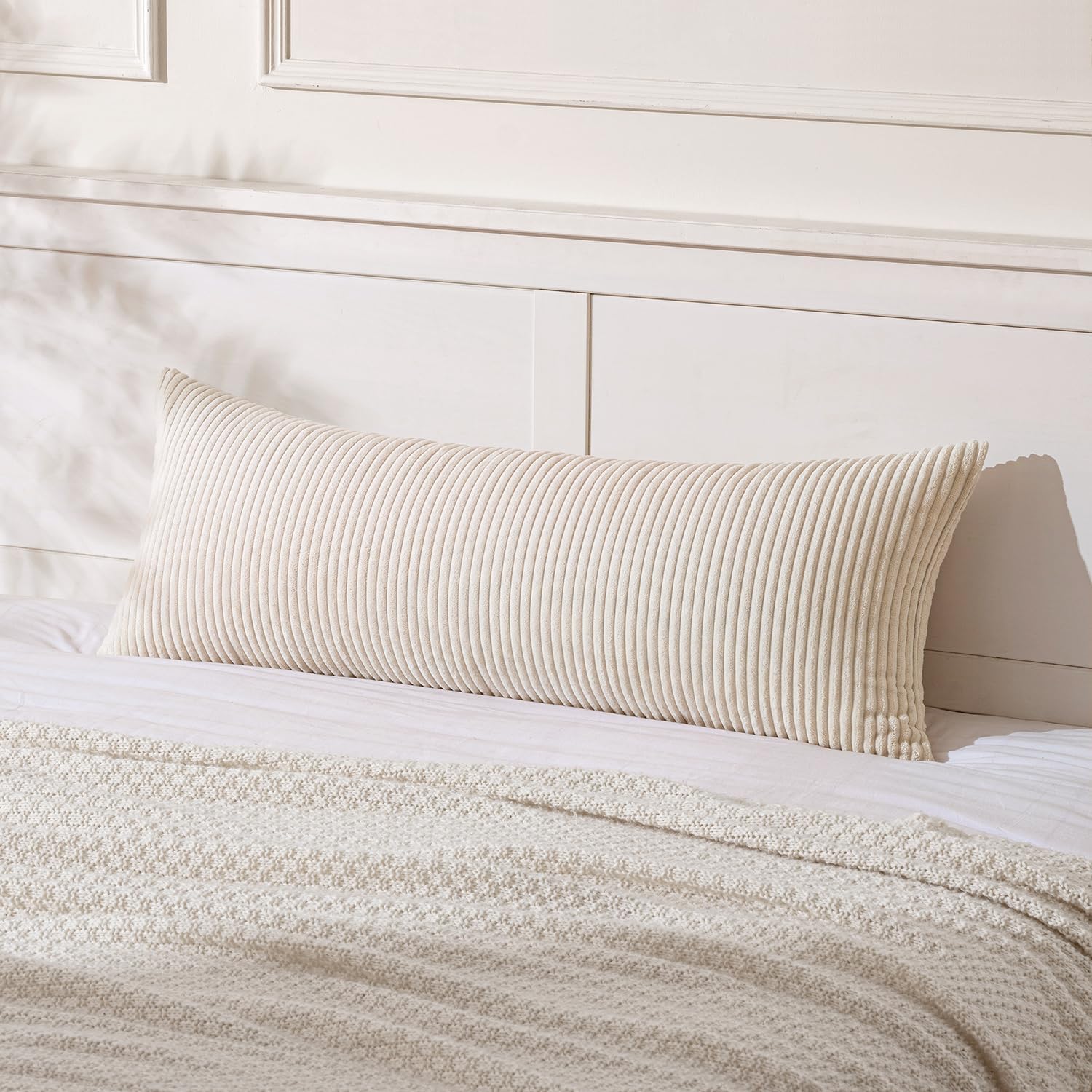 MIULEE Decorative Long Body Lumbar Throw Pillow Cover 14x36 Inch for Bed Couch Bedroom Bench, Soft Corduroy Rectangle Cream White Pillow…