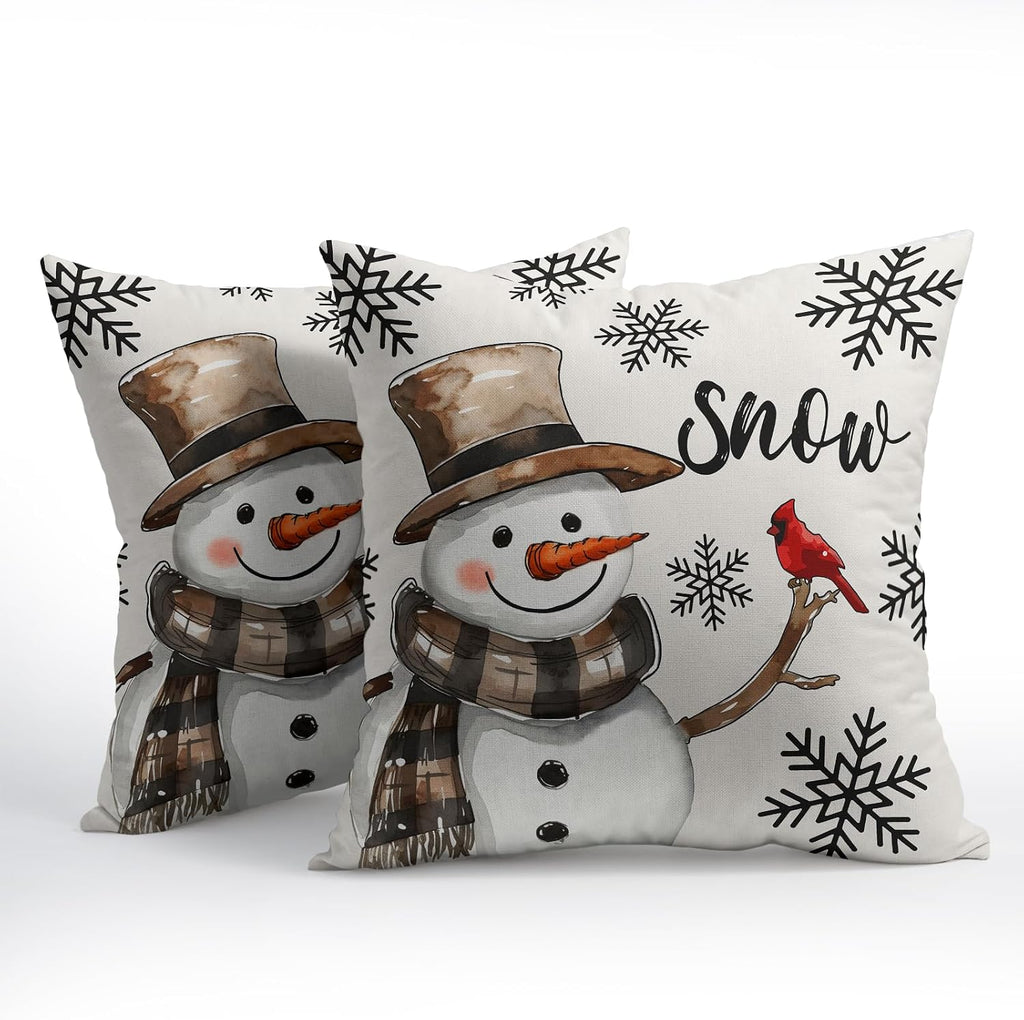 Snowman Throw Pillow Cover Christmas Pillowcase 18x18 Inch Set of 2 Snowflake and Red Cardinal Bird Decorative Cushion Cover Winter…