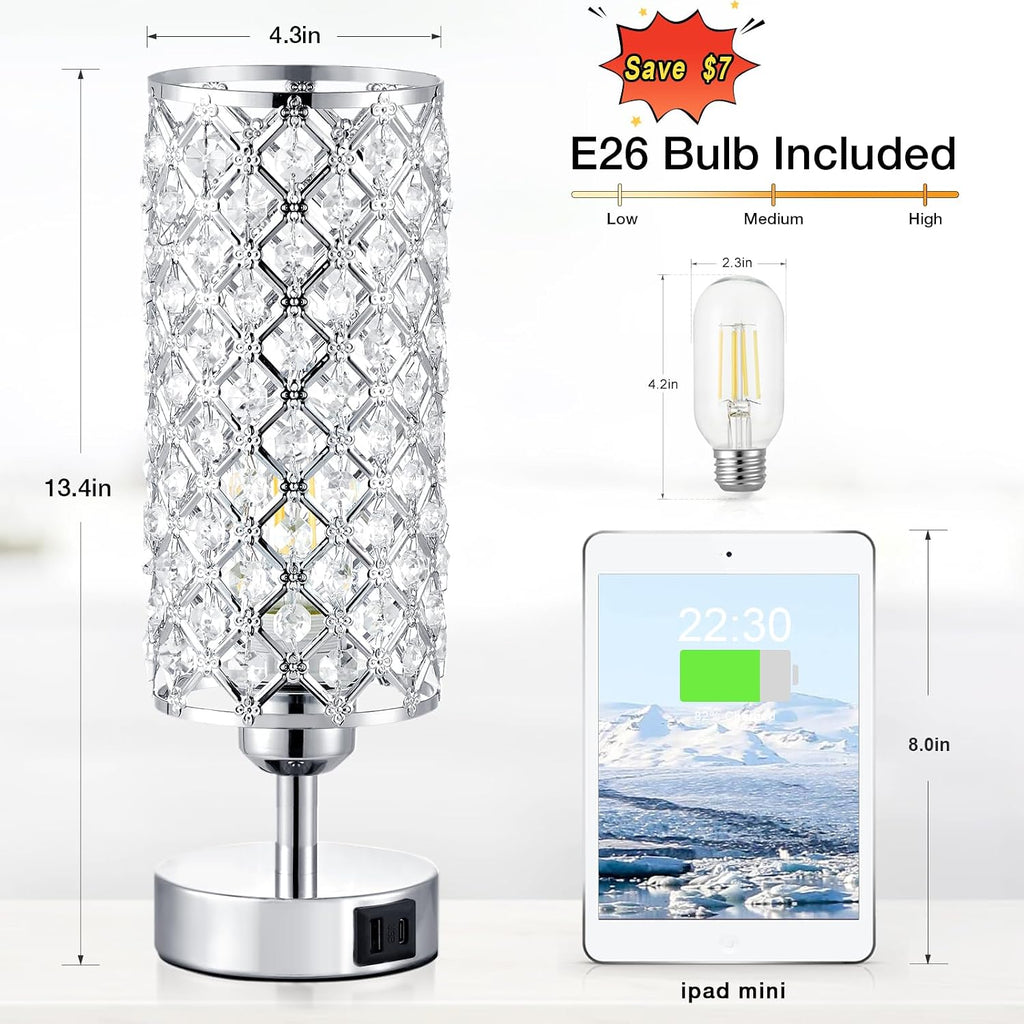 Crystal Touch Lamp with Touch Control, Sliver Table Lamp with USB-C+A Ports, 3 Way Dimmable Bedside Lamp Decorative Modern Nightstand…