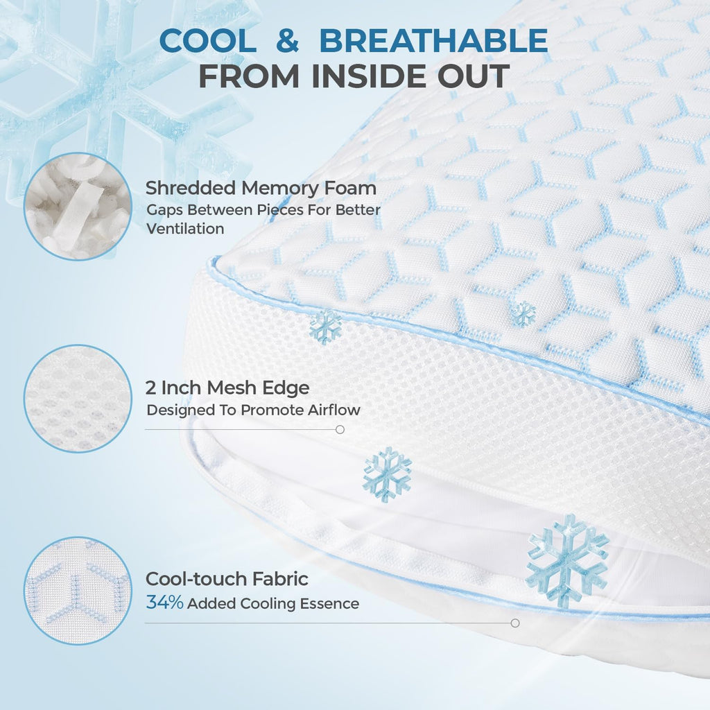Sweetnight Cooling Pillows Queen Size Set of 2, Shredded Memory Foam Pillows 2 Pack for Hot Sleepers, Cold Bed Pillows for Sleeping…