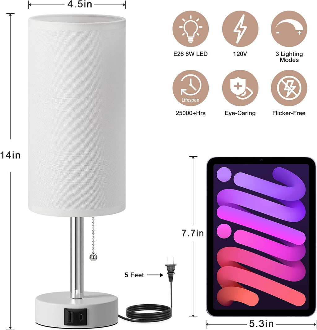 Dicoool Small Bedside Table lamp for Bedroom - 3 Color Modes, Desk Lamp with USB-C and USB-A Charging Ports, Pull Chain, Nightstand Light…
