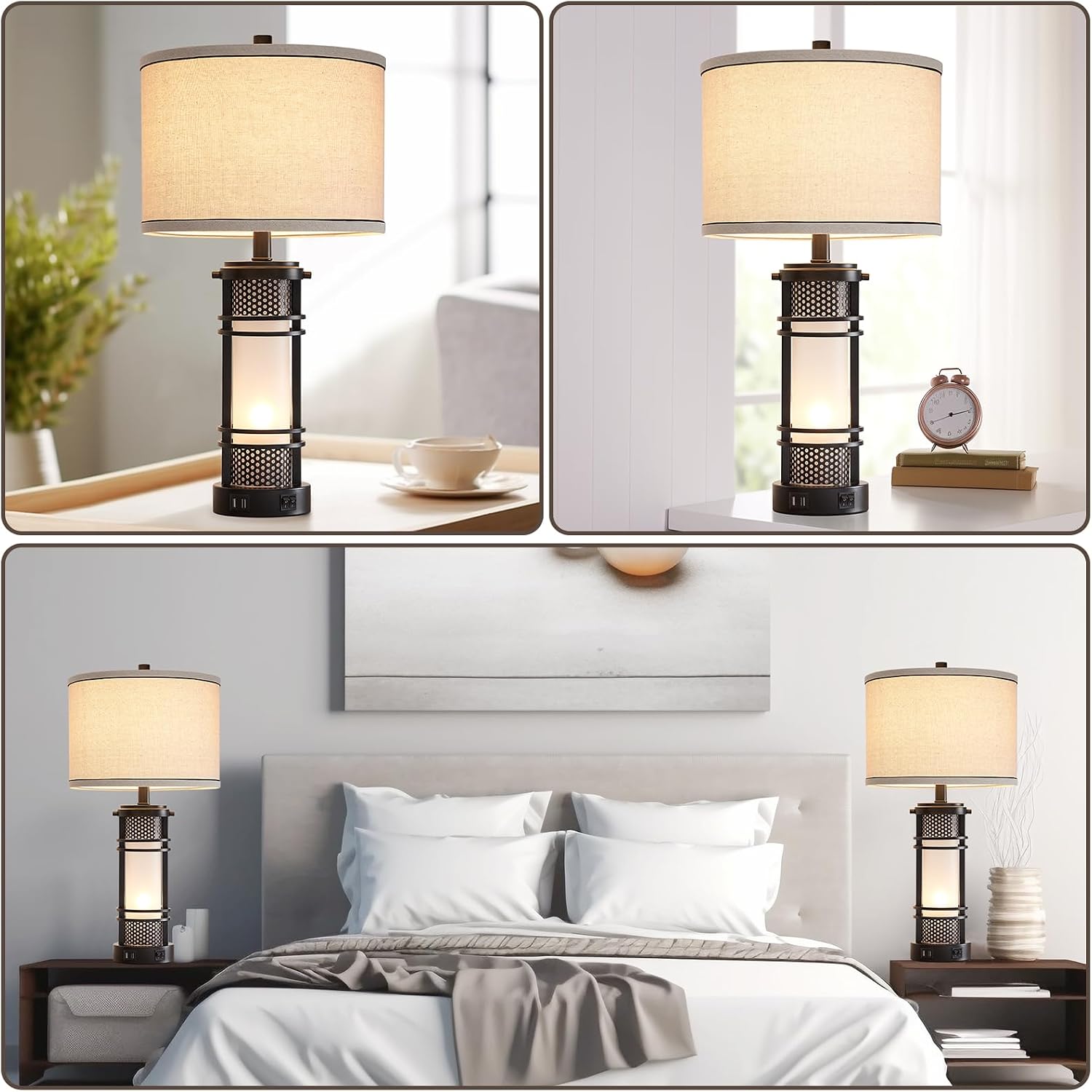 AIEAMPDO Set of 2 Modern Table Lamps for Living Room, Contemporary Nightstand Lamp with Dual USB Port, Bedside Lamps with White Frosted…